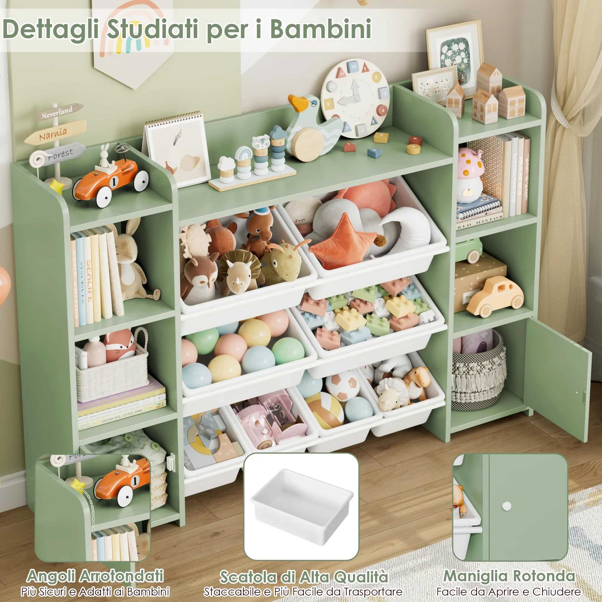 FOREHILL Scaffale per Giocattoli con 8 Contenitori Rimovibili in Plastica,Organizzatore Libreria per Bambini con Mensola Aperti, per Camera dei Giochi, 138.8 x94.3x29.6cm (Verde)