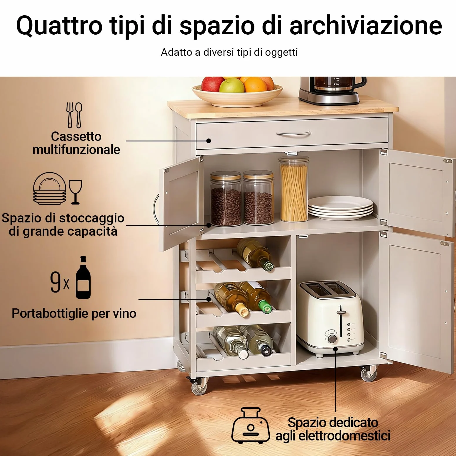 SoBuy Carrello Cucina con Ruote, Mobile Cucina Salvaspazio con Ruote, Mobiletto Cucina con Cassetti e Portabottiglie, Mobiletto Credenza Cucina per Cucina o Sala da Pranzo, Cachi 67x38x86cm FKW45-KA