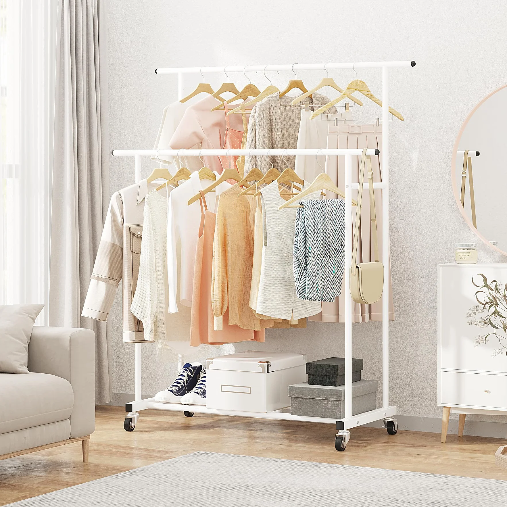 Calmootey Appendiabiti a doppia asta, appendiabiti portatile per camera da letto, soggiorno, negozio di abbigliamento, bianco