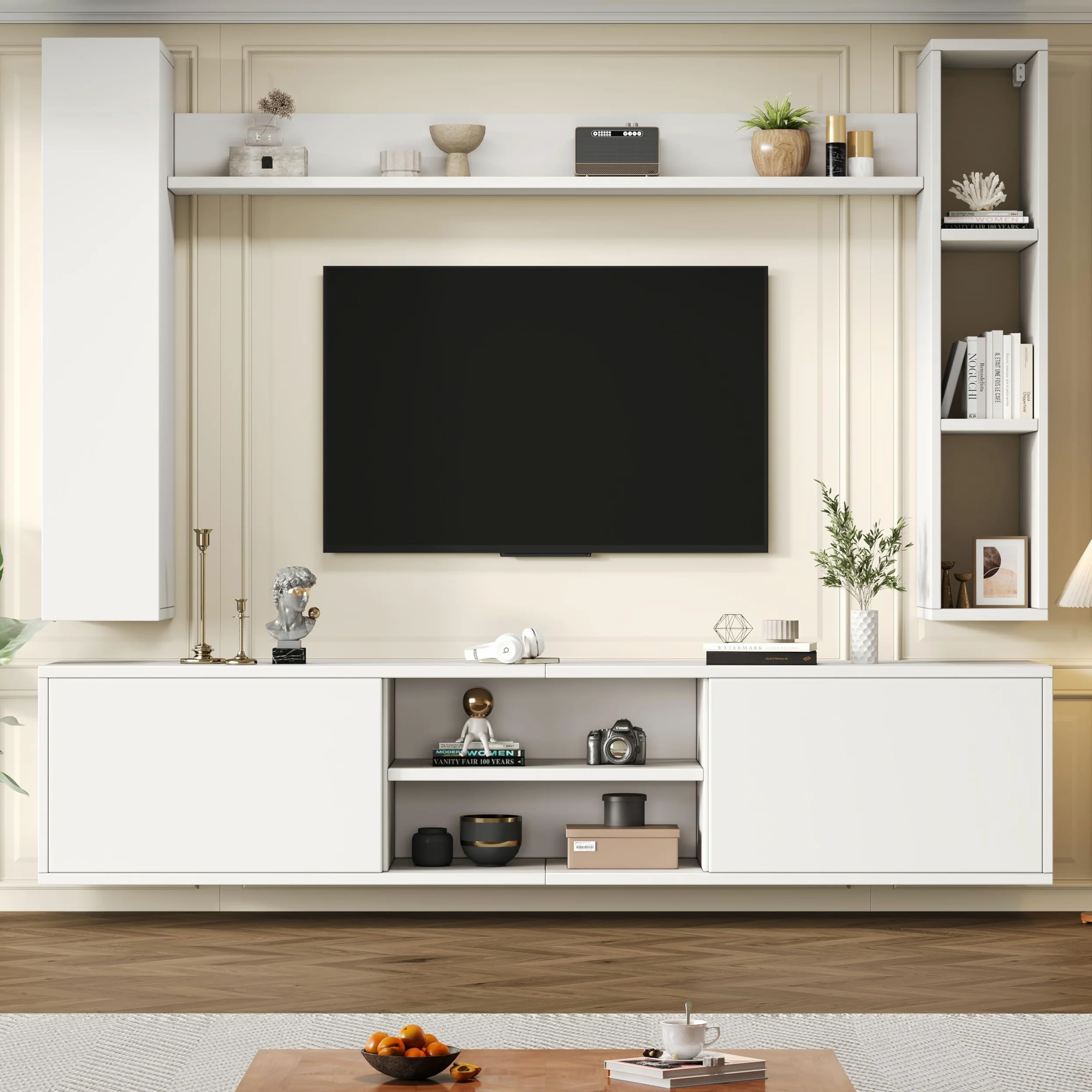 TIZZ Set da parete per TV, 180 x 35 x 33,5 cm, con vetrine (set completo, 4 pezzi), supporto per TV, mensola e 2 mensole da parete, set di mobili da soggiorno, TV in piedi e sospeso, TV fino a 80