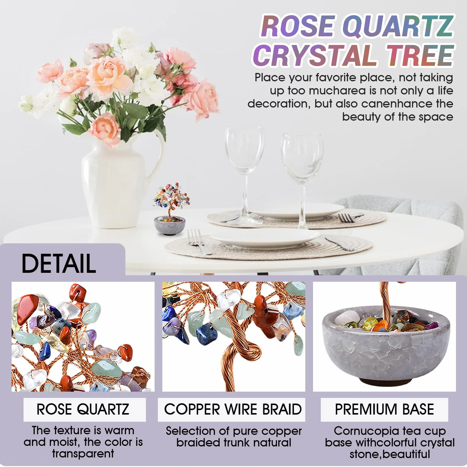 Quarzo Rosa Albero della Vita Pietre Chakra Soprammobile Portafortuna Feng Shui Cristalli Meditazione Reiki Decorazione Casa