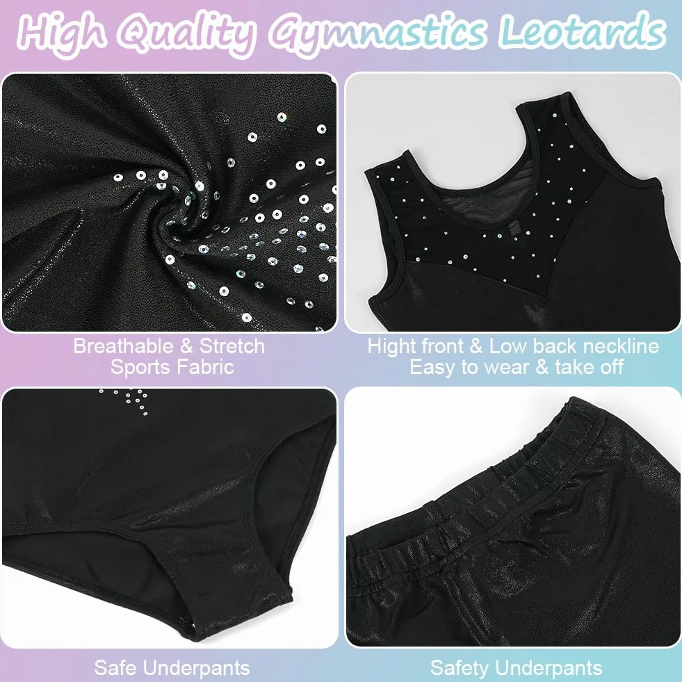 AOOWU Set Ginnastica 3 Pezzi, Leotard Y-Neck Pantaloncini, Danza Gradient Colour Sparkle