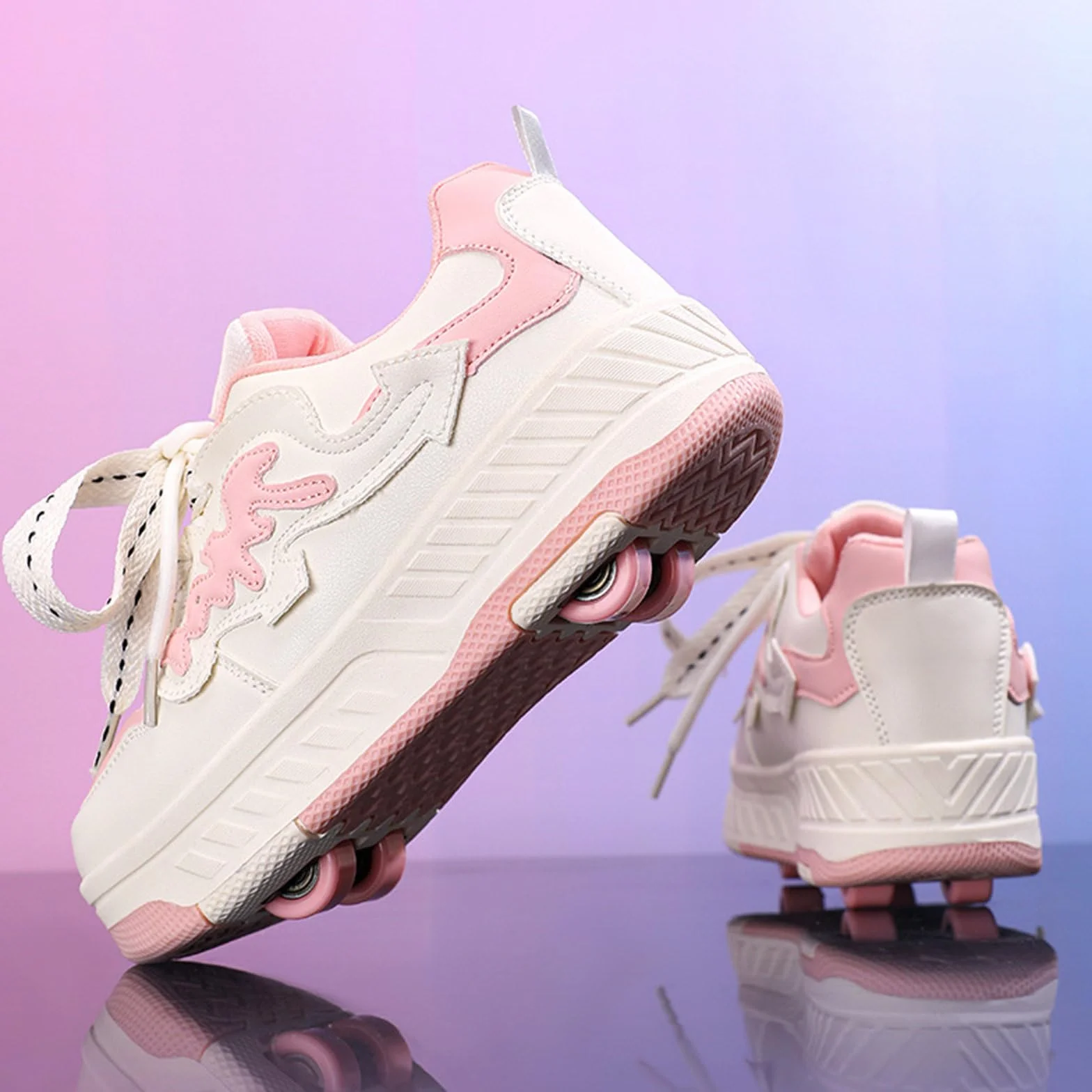 Surwin Scarpe con Rotelle Bambino, Quattro Ruote Scarpe con Ruote Posteriori Retrattili, Fiocco a Nodo Sneaker con Rotelle Bambini Ragazzo Ragazza Unisex Sneaker Skateboard Traspirante