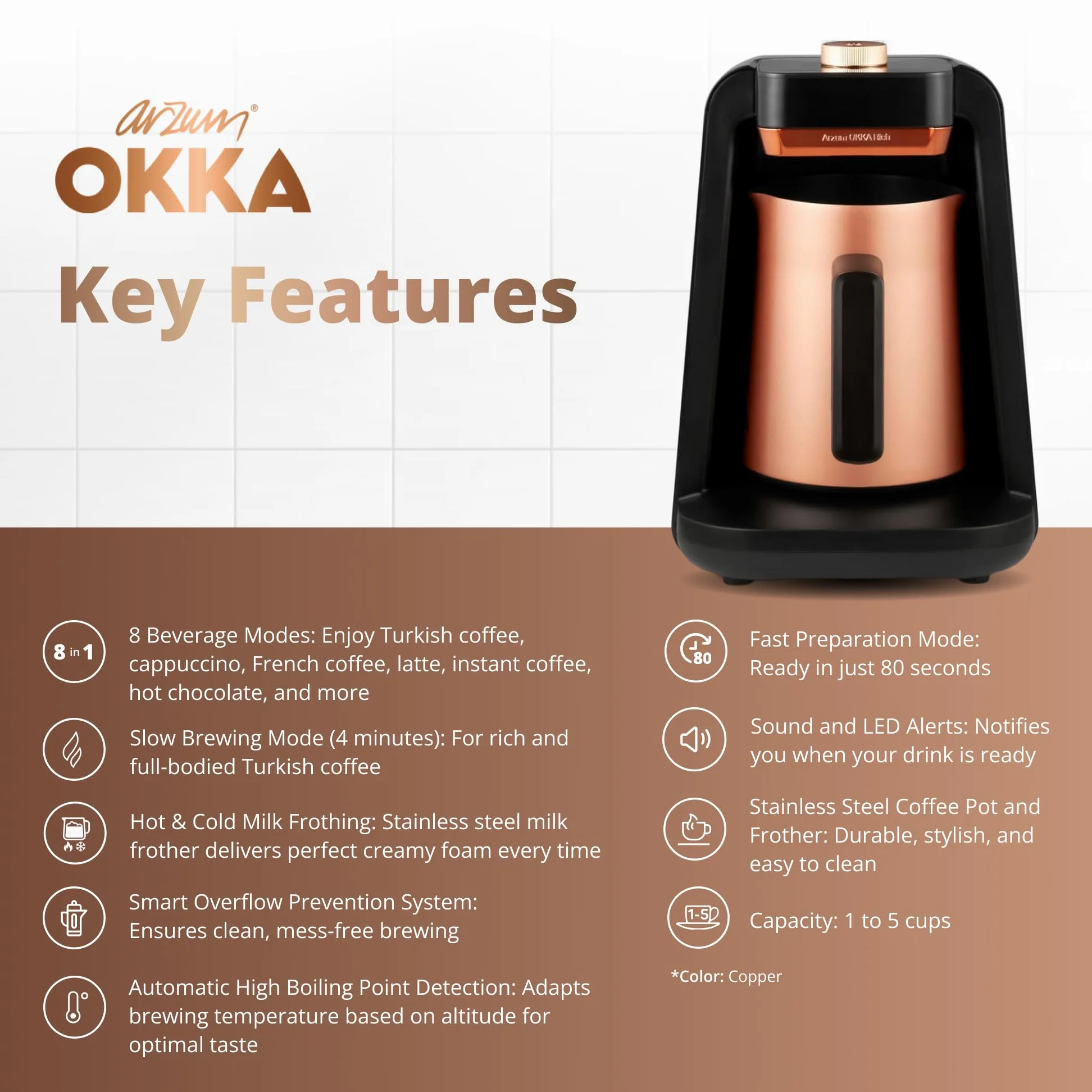 Arzum OKKA RICH SPIN PRO TURKISH COFFEE MACHINE COPPER