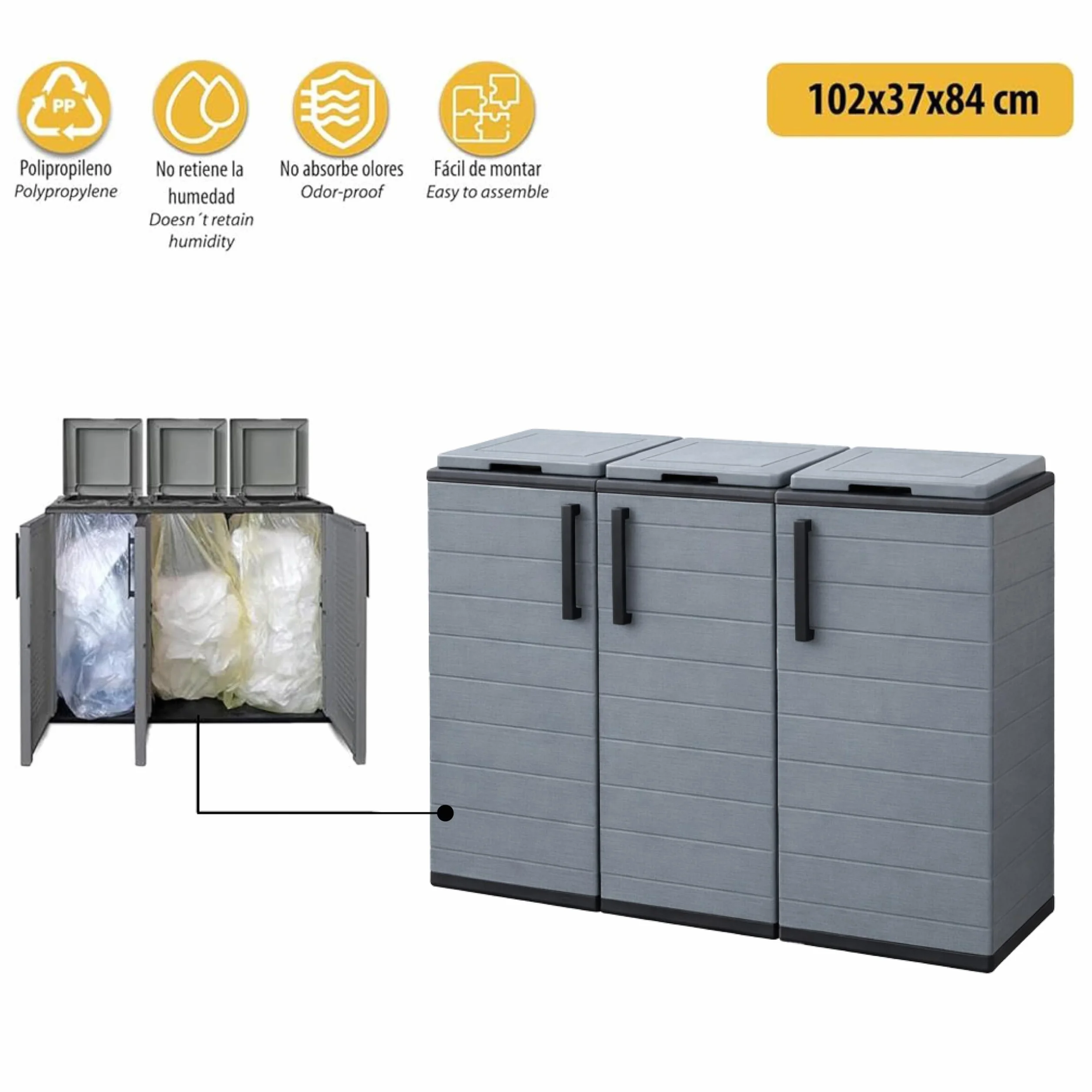 Maury's Armadietto Pattumiera 300 Lt 3 Vani Separati 102x37xh84 cm Raccolta Differenziata Esterno Interno