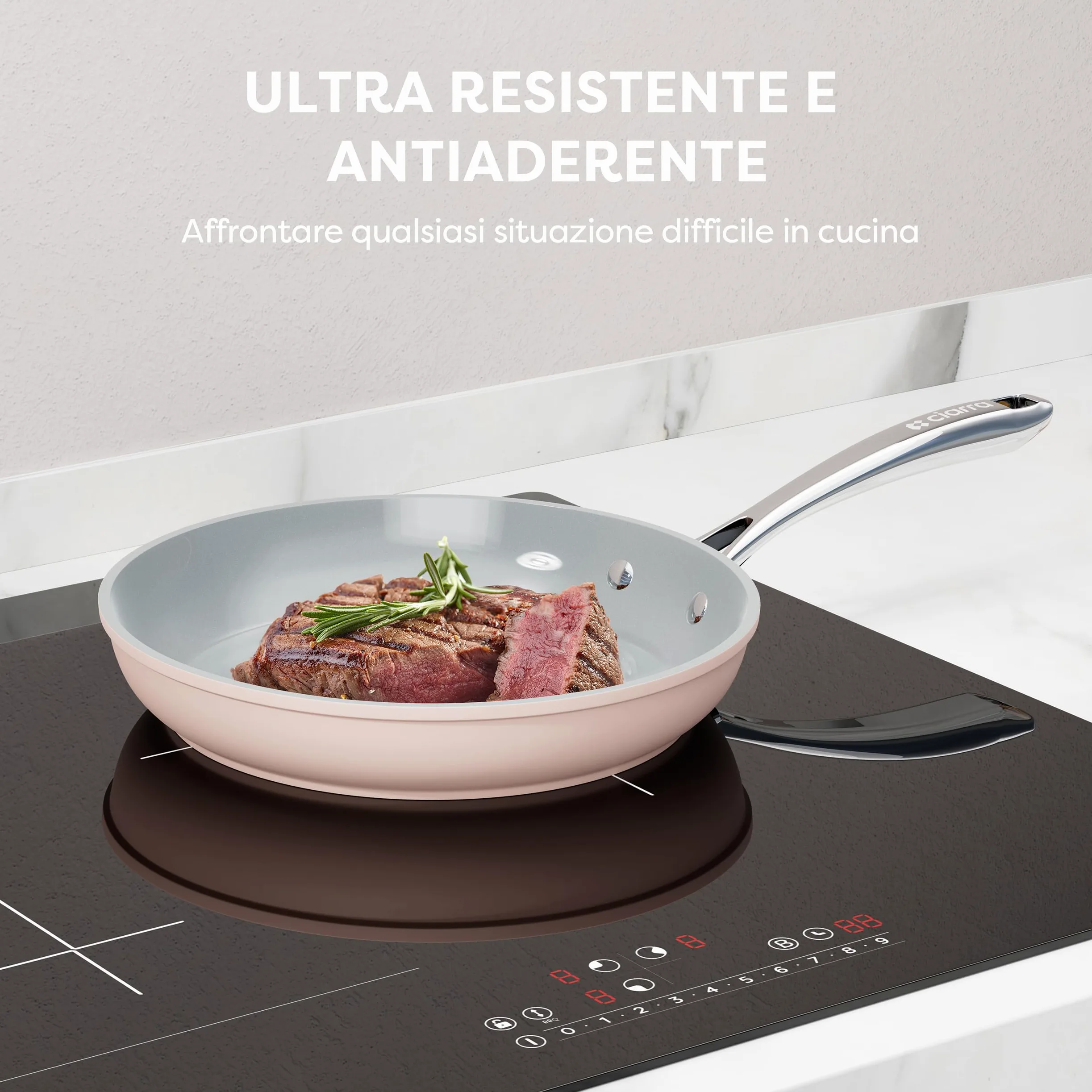 Ciarra Beyond - Pentole Set 7 pezzi - Padella 26 cm - Padella 28 cm/4,2 L - Casseruola 24 cm/5,9 L e 20 cm/2,8 L - Rivestimento antiaderente - Tutte le fonti di calore compresa induzione-Rosa