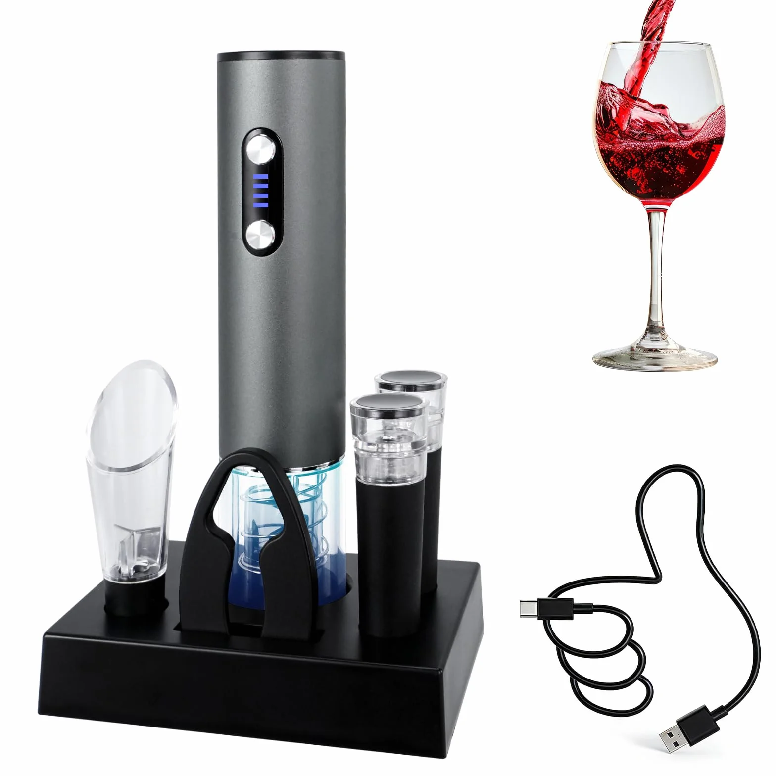 Apribottiglie elettrico per vino ricaricabile USB-C con tagliacapsule aeratore versatore 2 tappi sottovuoto
