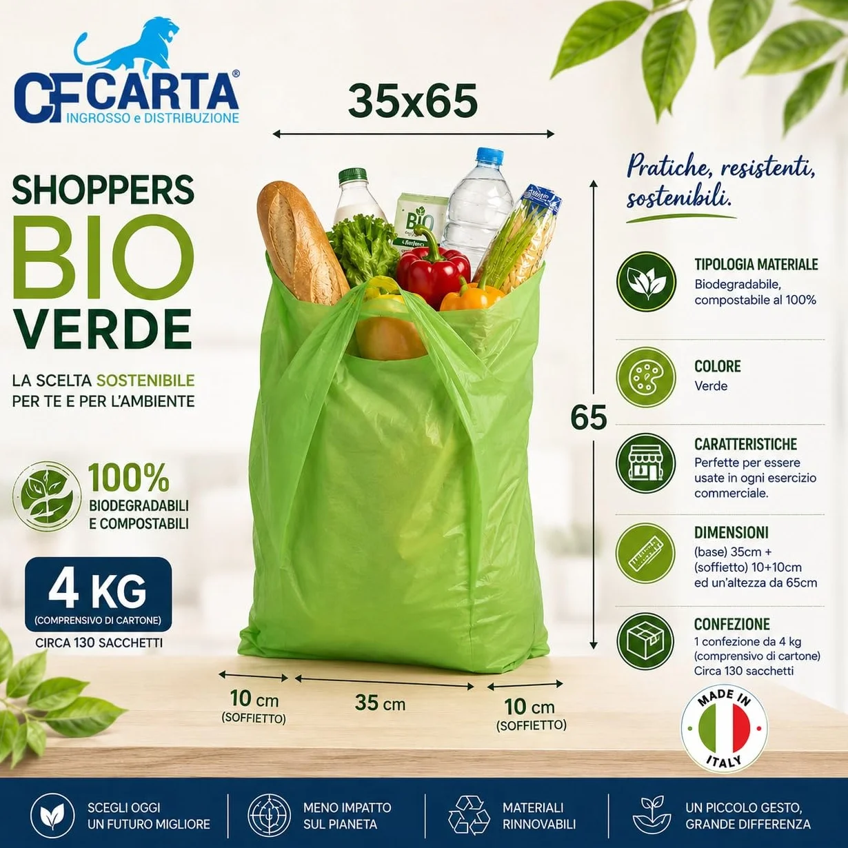 CF CARTA INGROSSO E DISTRIBUZIONE Shopper bio-compostabili - sacchetti biodegradabili e compostabili verde kg4 - buste per trasporto merci (35x65)