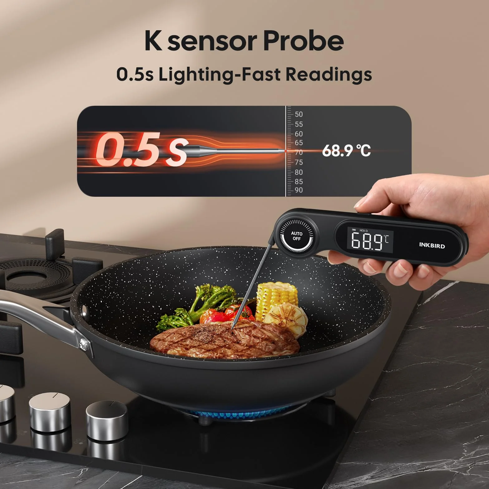 Termometro Istantaneo per Carne,Impermeabile IP65,Lettura Ultra-Rapida in 0.5 Secondi,Rilevazione Super Precisa,INKBIRD Termometro Alimentare Compatto per Cucina,BBQ,Pasticceria,Frittura,Produzione