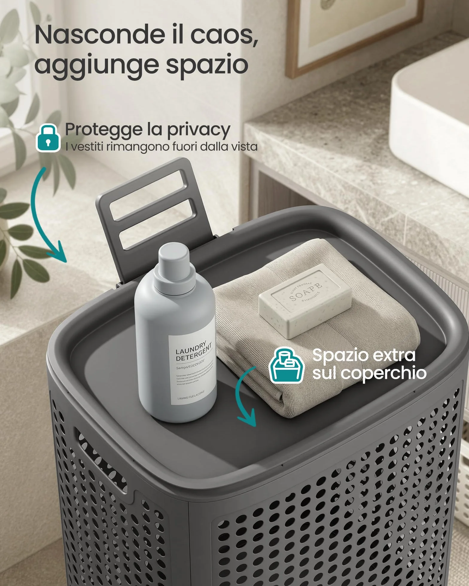 SONGMICS Cesto Portabiancheria con Coperchio, Cesta Portabiancheria Sporca in Plastica, 75 L, Porta Biancheria Slim, Bagno Lavanderia Camera da Letto, Grigio Scuro RLH021G101