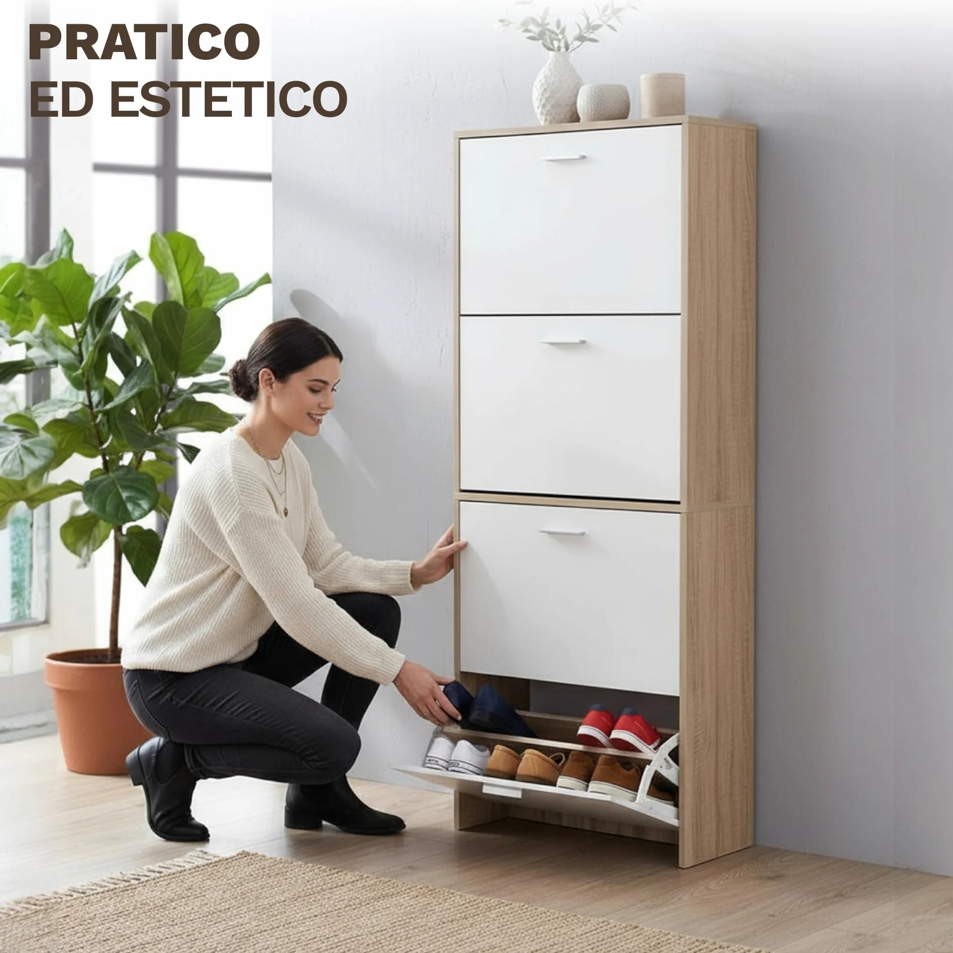 Scarpiera salvaspazio slim 60 cm legno bianco 4 ante 24 paia design moderno alto stretto