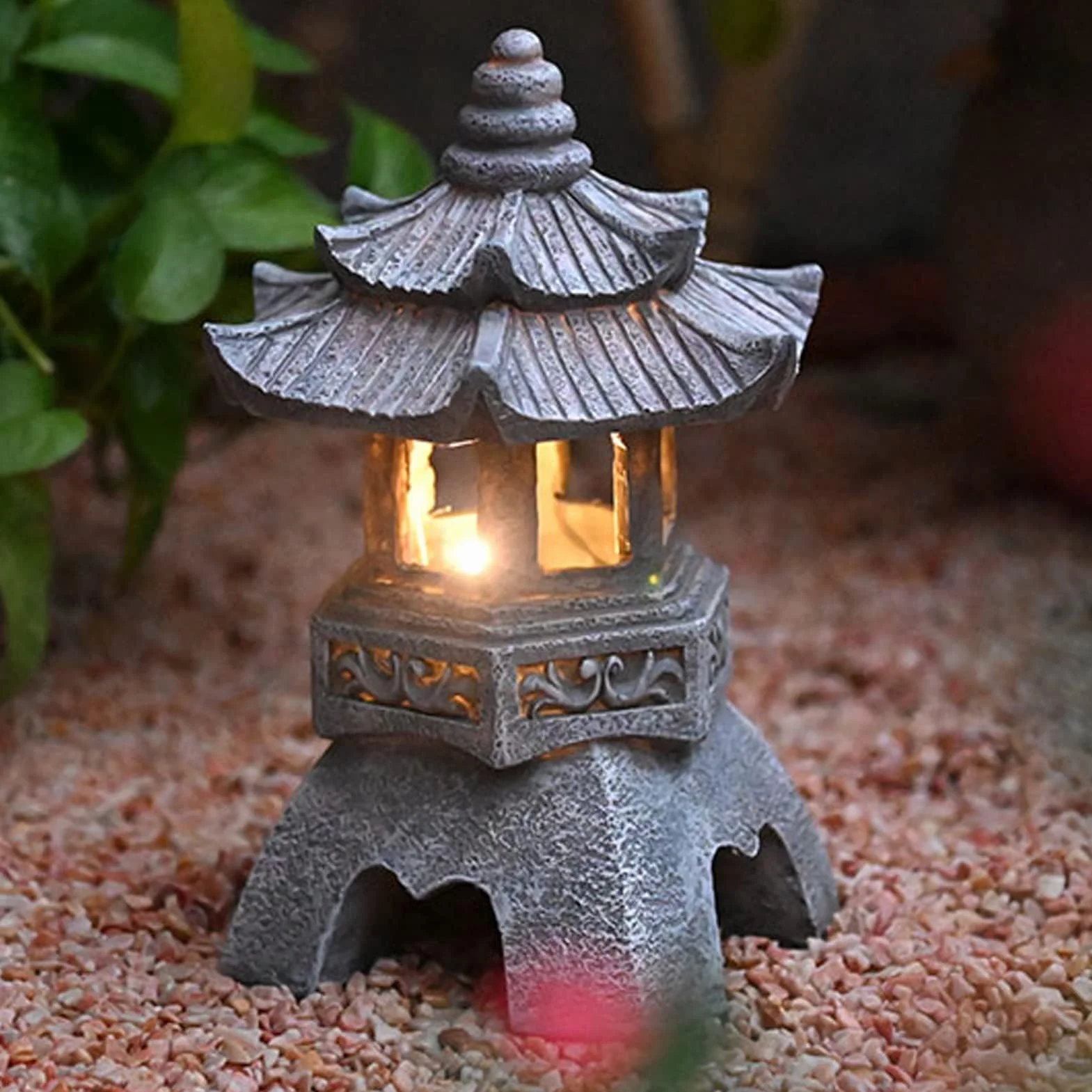 Lanterna solare giapponese Zen da giardino a pagoda 26 cm grigio