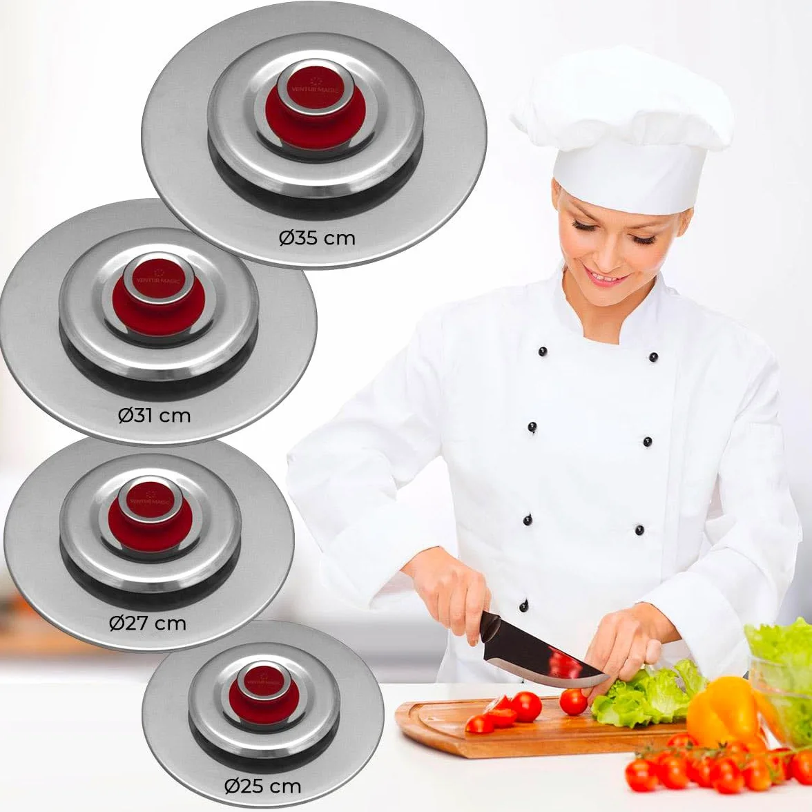 Kit 4 Coperchi Magici Antiodore Ventur Magic Ø25, Ø27, Ø31, Ø35 cm Cooker in Acciaio Inox Pomello Rosso