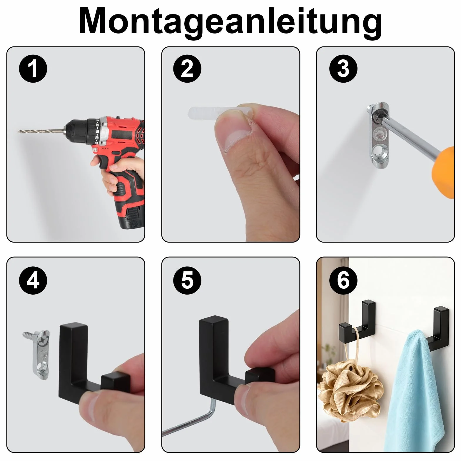 Ganci da Parete a Forma di J 4 Pezzi Neri Metallo per Pannelli Acustici Appendiabiti per Giacche Asciugamani Borse