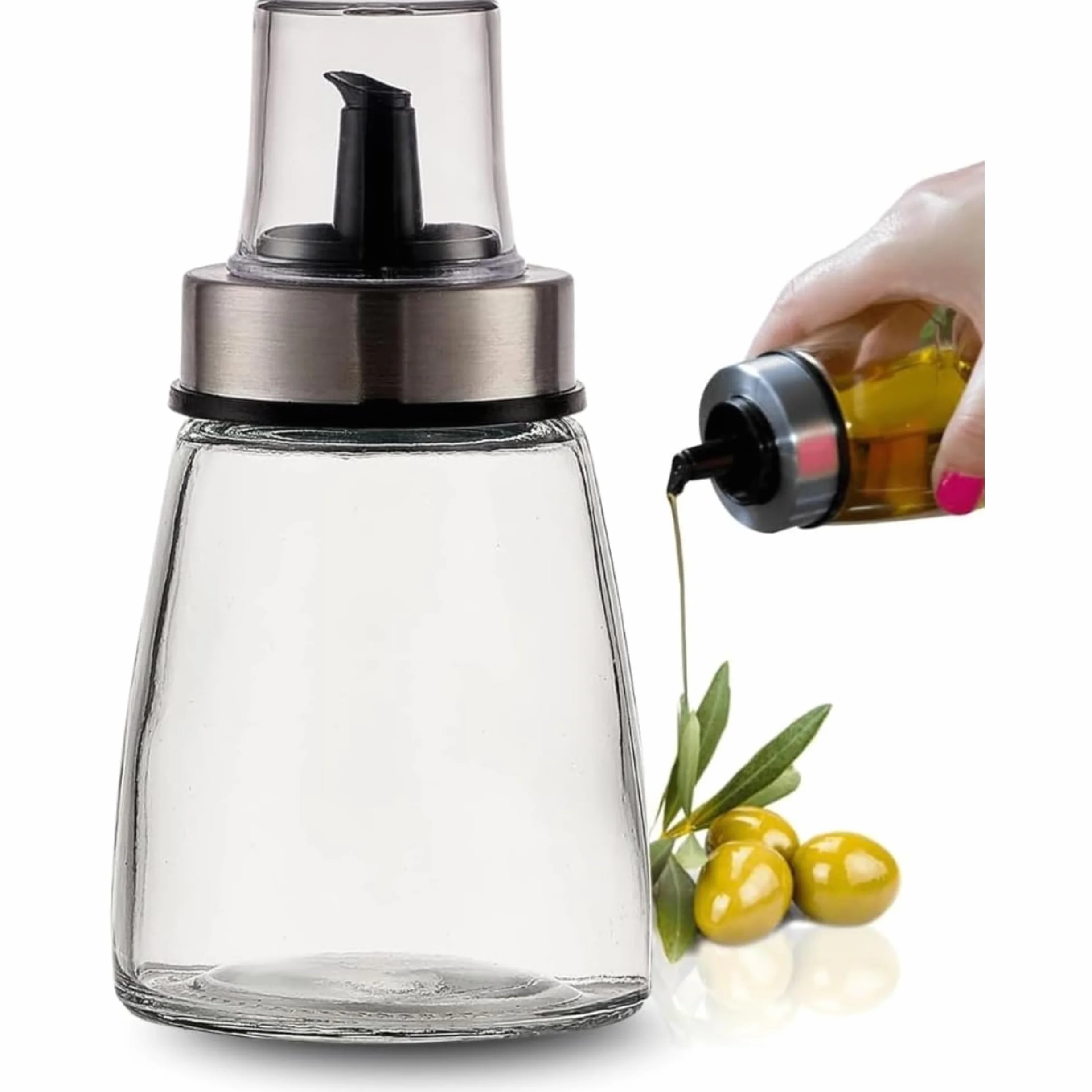 PARENCE.- Flacone per olio da 200 ml con tappo versatore - Dosatore in vetro e acciaio inox - Contenitore per olio, aceto, salsa - 6,5x6,5x12,5 cm - Versamento preciso e senza gocciolamento