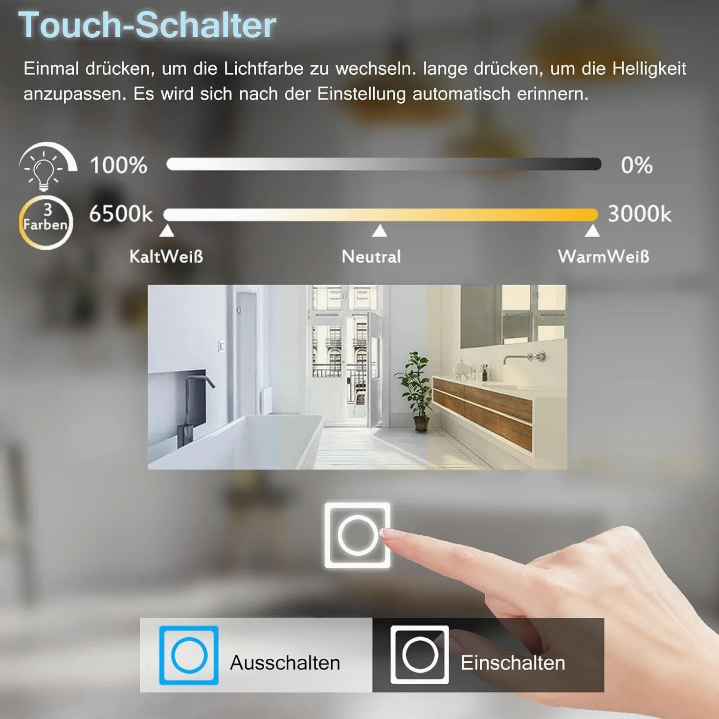 LISA Specchio da bagno a LED con illuminazione 60x50 cm, Specchio da bagno grande con illuminazione touch dimmerabile bianco caldo/bianco freddo antiappannamento per bagno, WC, corridoio