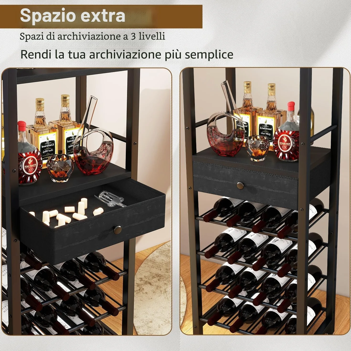 IBUYKE Portabottiglie autoportante 4 ripiani legno nero TMJ905B