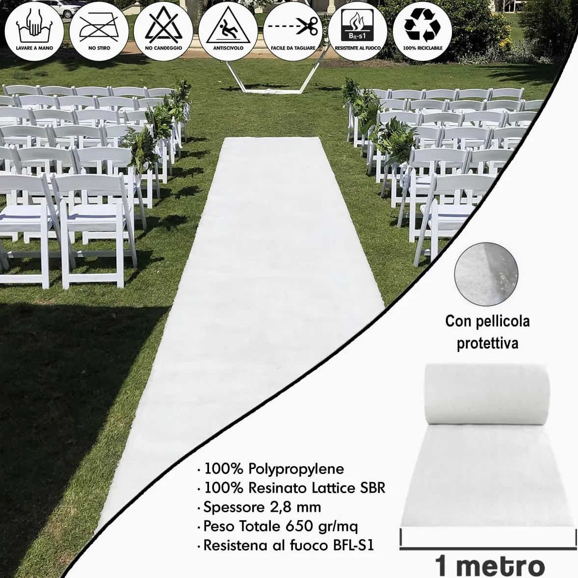 MASTERBRICO Passatoia Bianca Matrimonio, Tappeto Bianco Sposa per Navata Nunziale Chiesa, Cerimonia Festa ed Eventi, con Pellicola Protettiva (1x10mt, BIANCO)