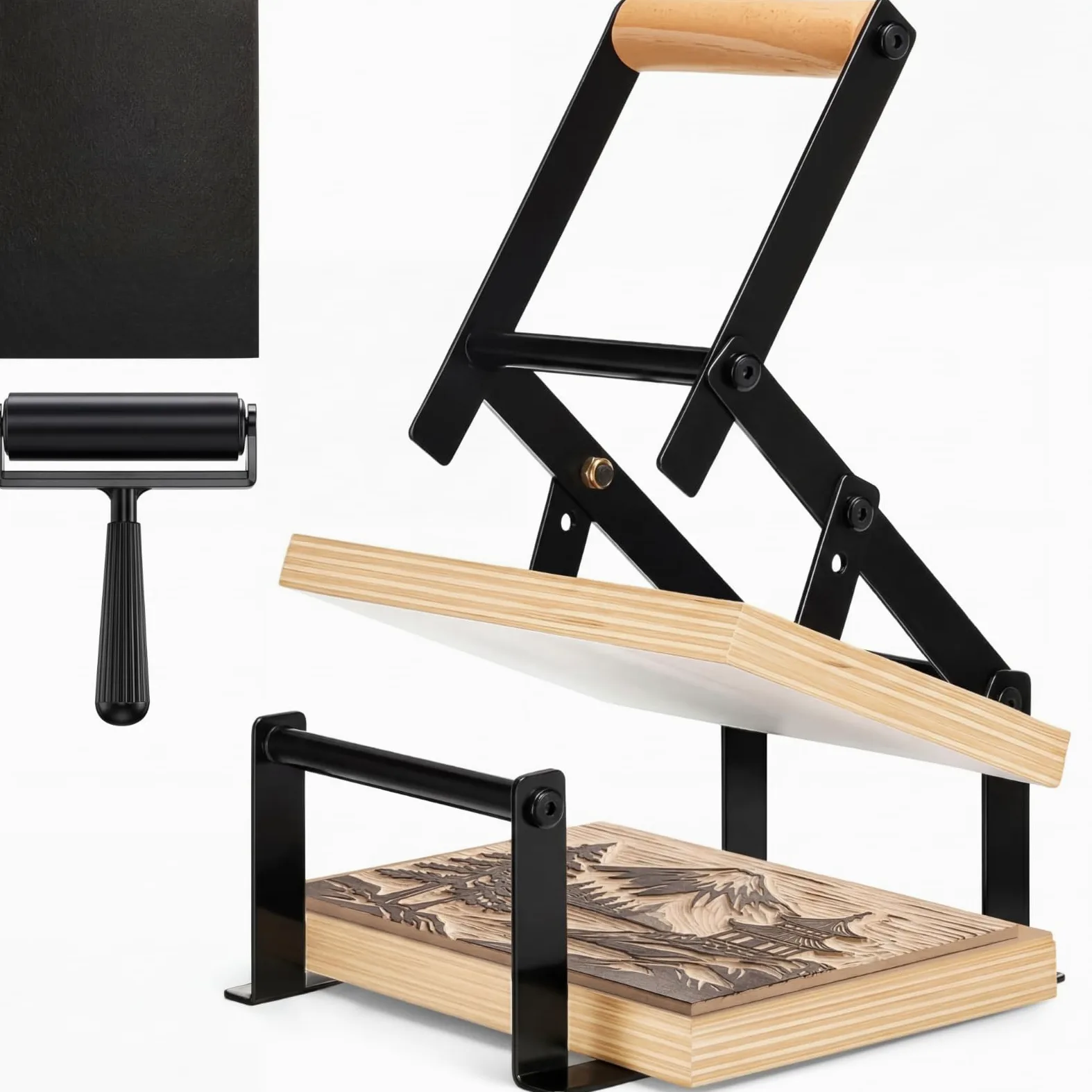 Macchina da stampa a leva manuale Linocut con rulli e feltrini per tagli di linoleum, taglio stampa, blocchi di linoleum, kit di strumenti per la stampa a blocchi di legno, nero A5