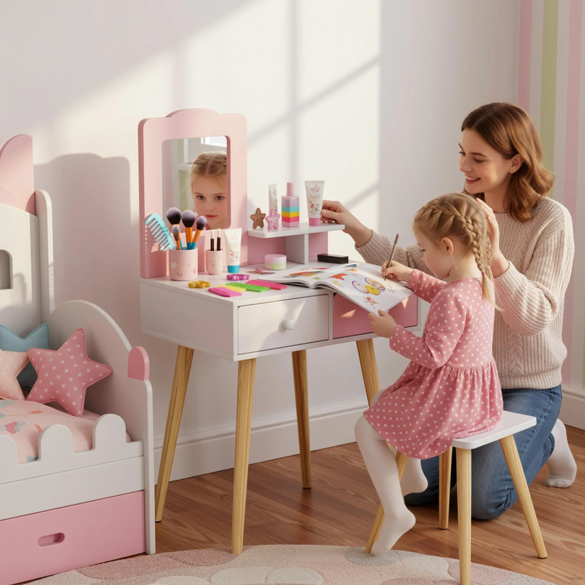 Clevich 2 in 1 Toeletta Trucco Bambina, Toeletta per Bambini con Specchio, 2 Cassetti, Scrivania in Legno con Sgabello, Robusto e Durevole, per Bambini dai 3-8 Anni, Rosa