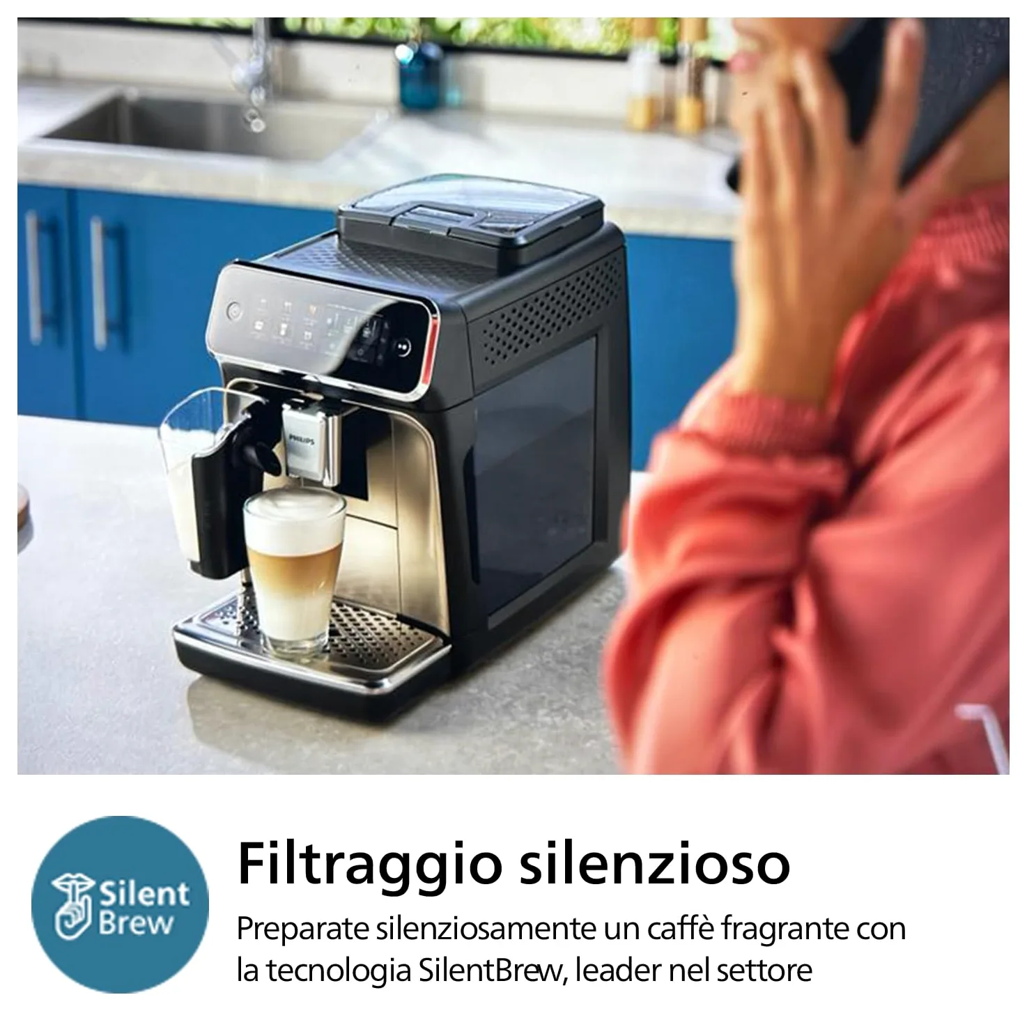 Philips Serie 3300 Macchina da caffè automatica - 6 tipi di bevande, Display touch screen a colori, LatteGo, SilentBrew, Macinacaffè in ceramica al 100%, Filtro AquaClean. Cromato nero (EP3347/90)