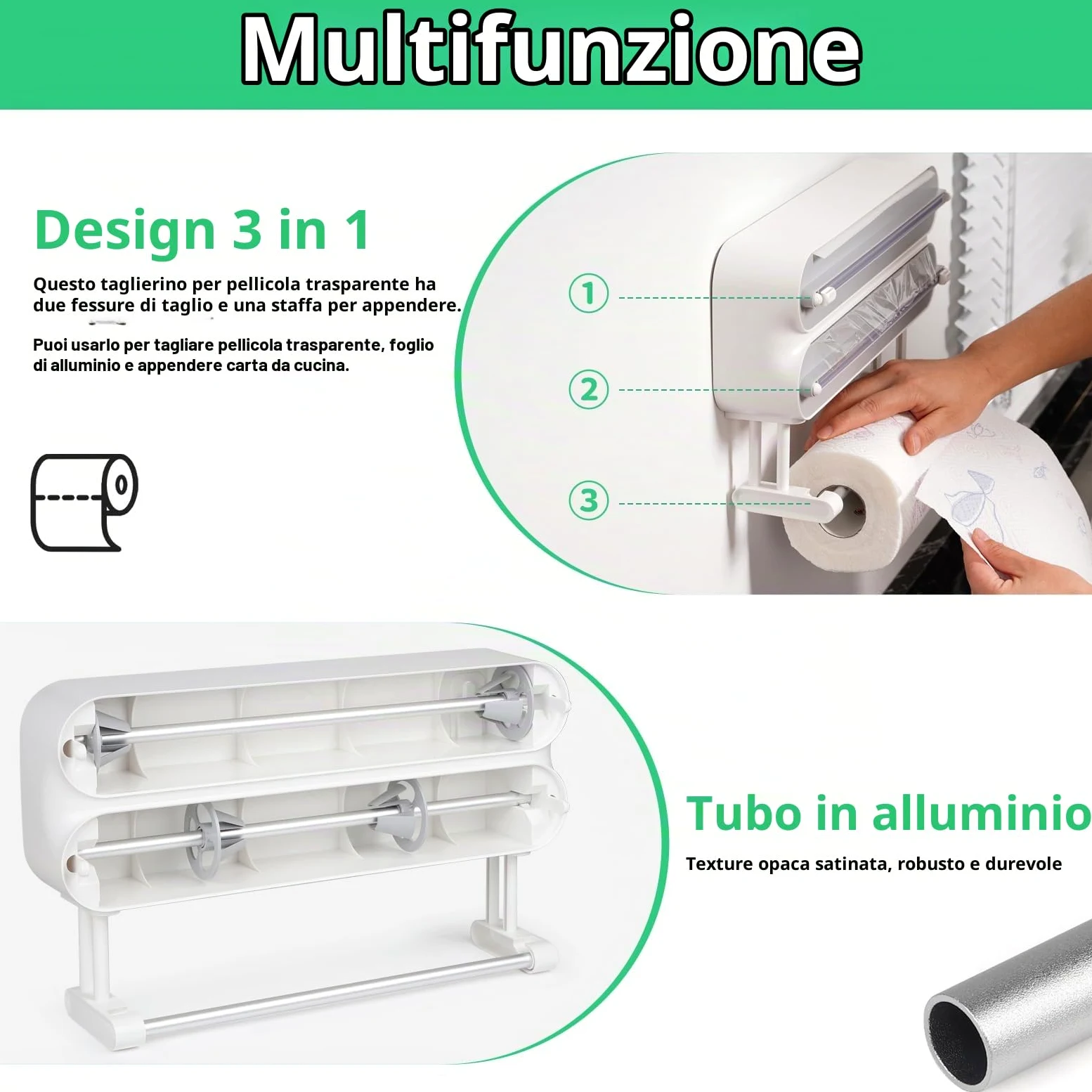 DBREAKS Supporto per rotoli di carta da cucina da Parete (3 rotoli), Porta Rotoli Alluminio e Pellicola, Taglierina per Pellicola Trasparente, Dispenser Carta Stagnola in Alluminio，con film Alimentare