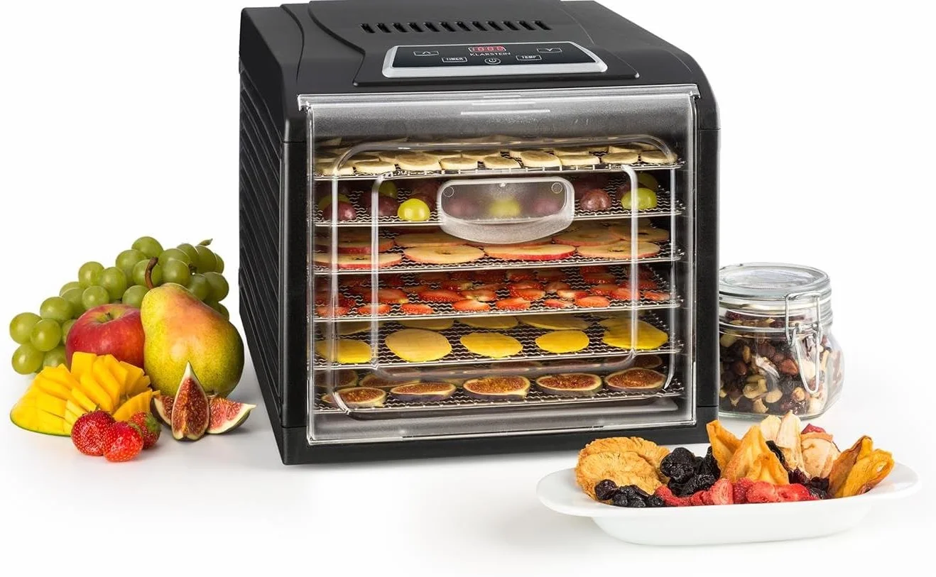 Klarstein Fruit Jerky Plus - Essiccatore Alimentare, Essicatore Alimenti, Frutta, Carne, Verdura, Temperatura Regolabile 35-70 °C, Rivestimento Antiaderente, 420-500 Watt, 6 Ripiani, Nero