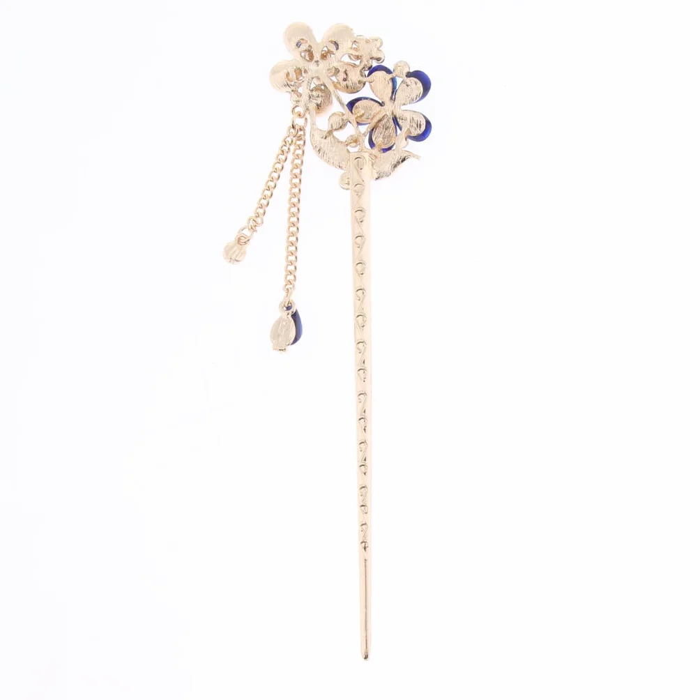 Bacchette per capelli cinesi con strass di cristallo a forma di fiore blu