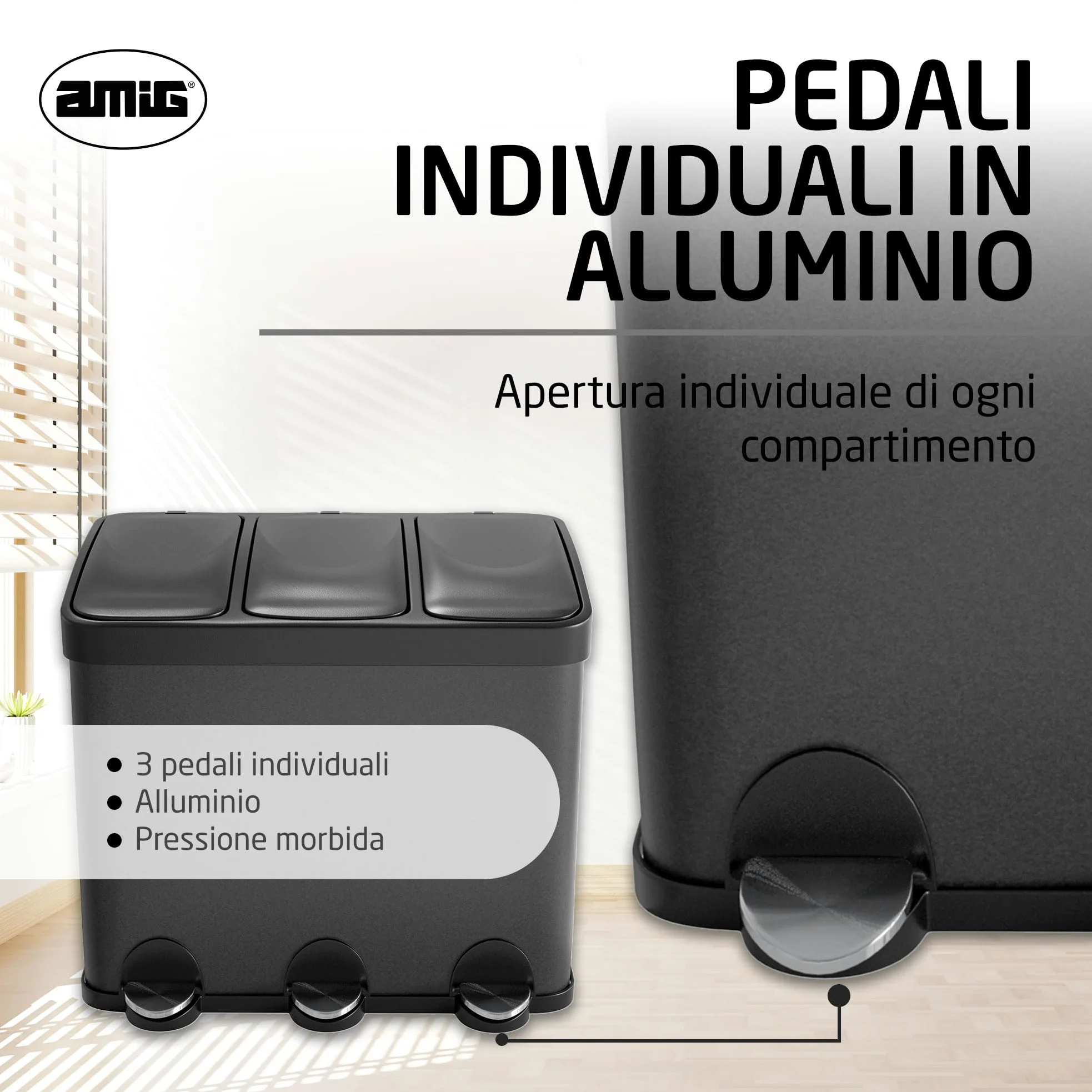 Amig - Pattumiera tripla con pedali 45 litri Mod. RECIK3-3 scomparti estraibili da 15 litri - Pattumiera per raccolta differenziata da cucina - Acciaio - Dimensioni: 60 x 37 x 49 cm - Nero opaco