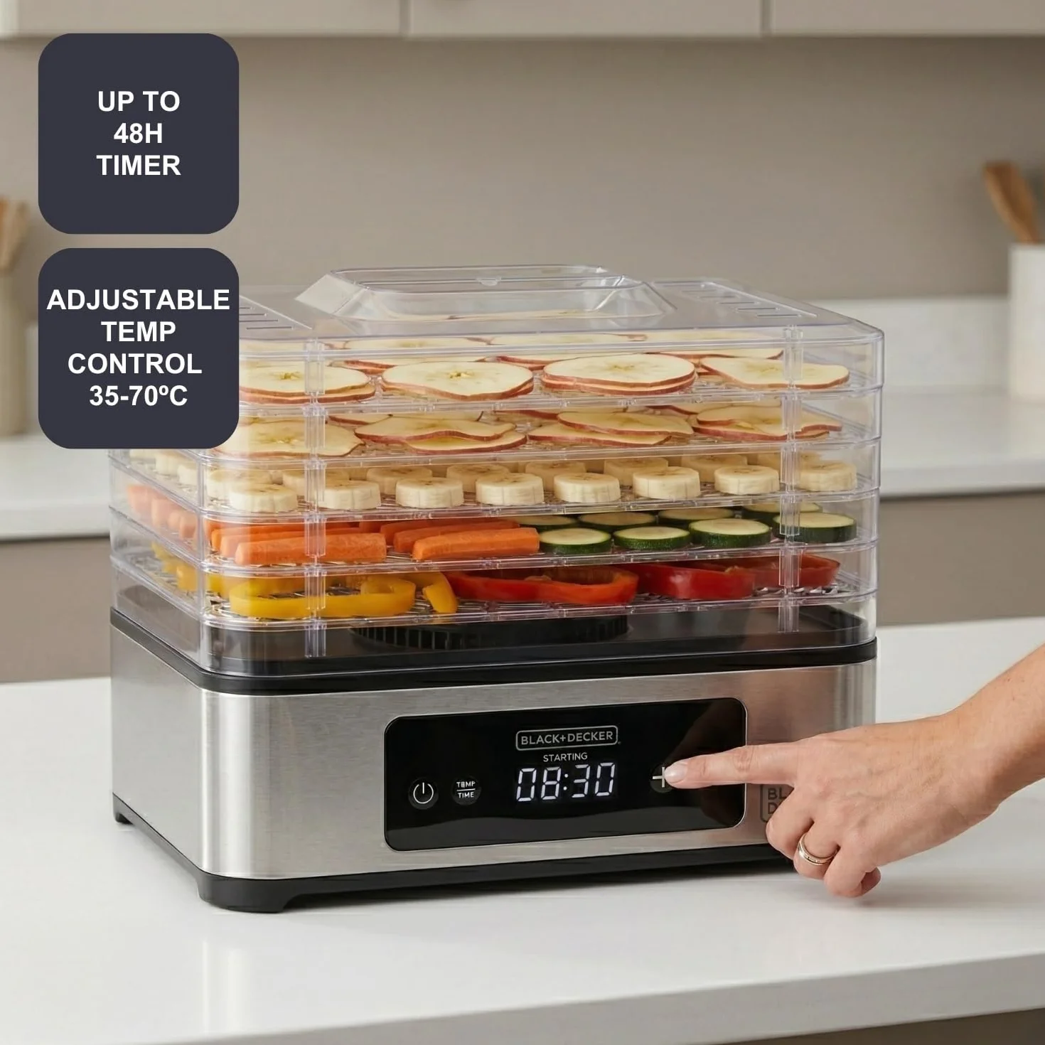 Black+Decker - essiccatore alimentare 400W | 5 vassoi trasparenti 29x21 cm | pannello digitale touch | temperatura regolabile 35-70°C | timer 48h | spegnimento automatico | senza BPA