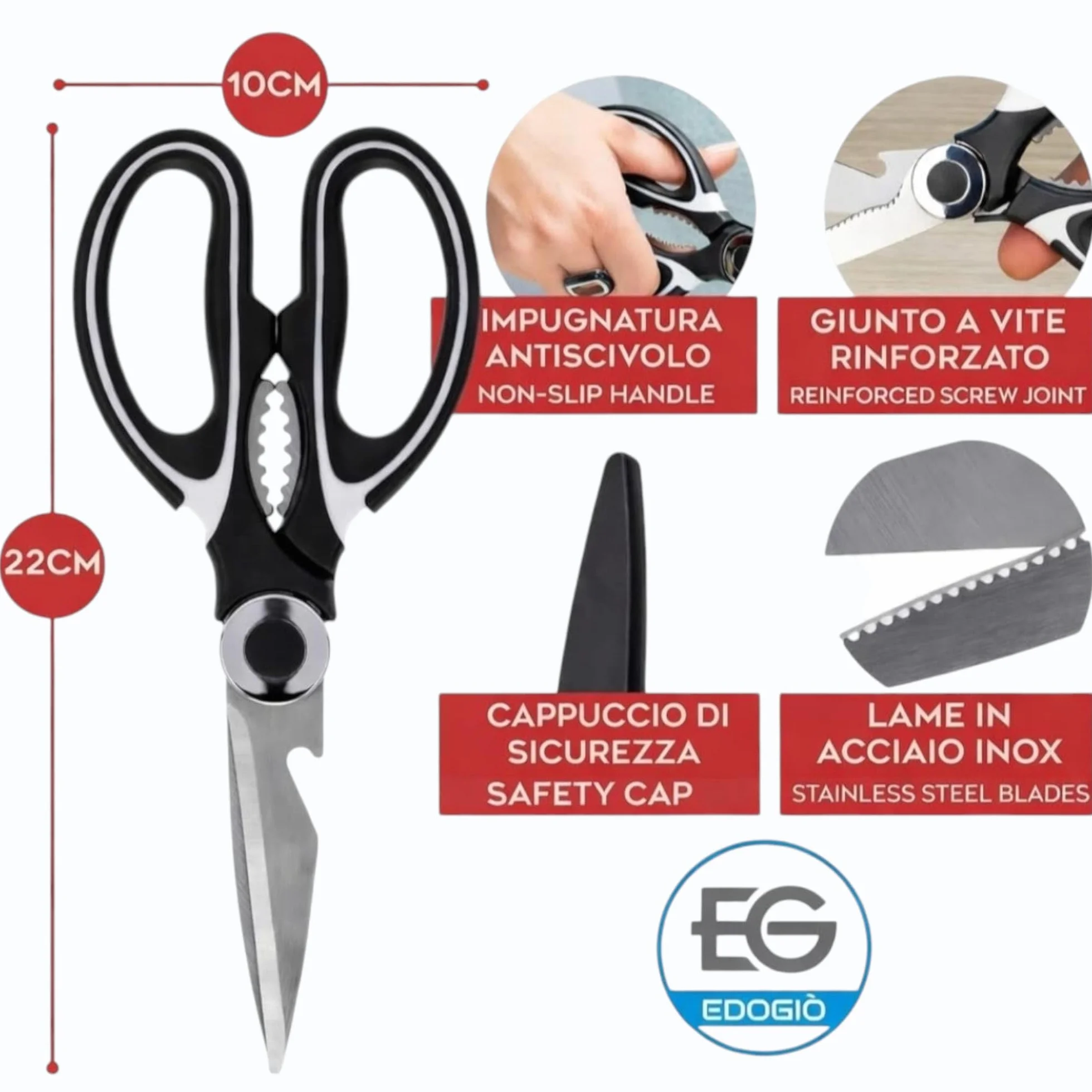 Forbici da cucina professionali in acciaio inox 304 multiuso con apribottiglie, adatte per carne, pesce e verdure, manico ergonomico antiscivolo e perno rinforzato.
