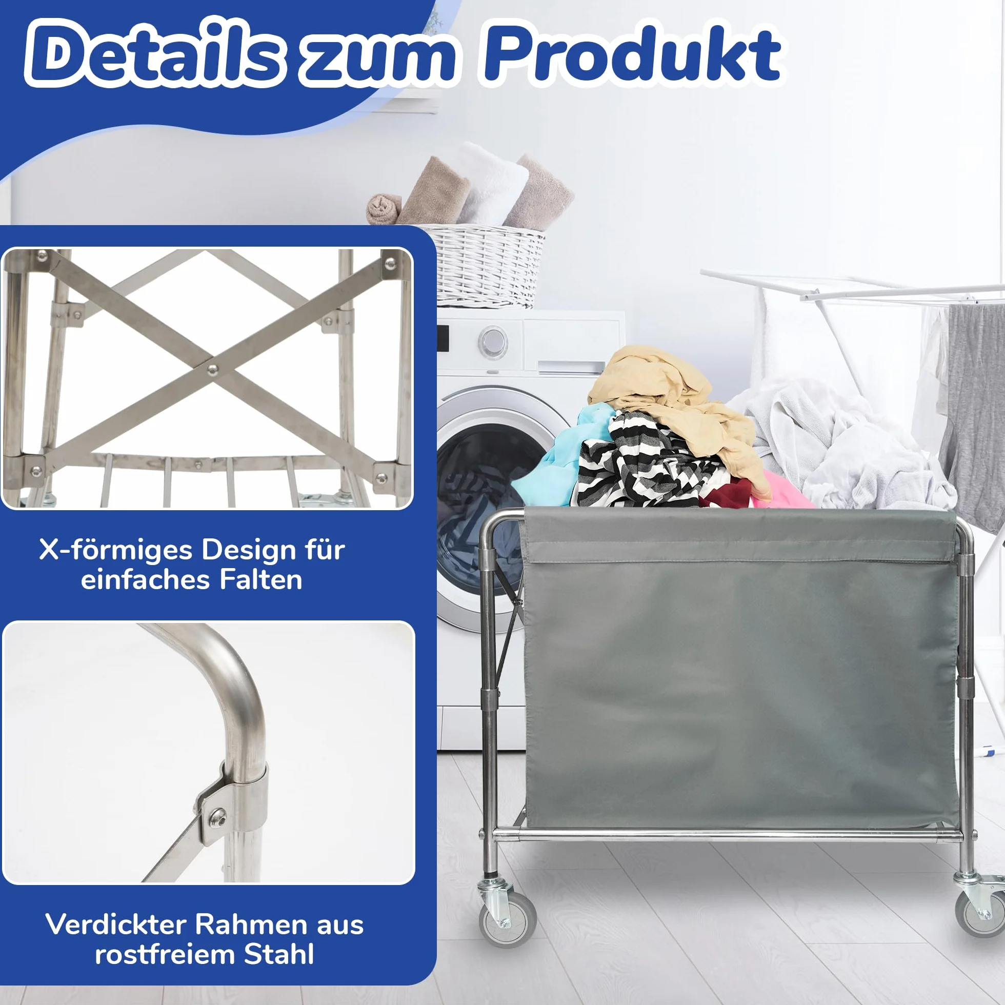 bimiti Carrello per la biancheria, in acciaio inox, con ruote, pieghevole, con portata di 100 kg, per la casa, hotel, 87 x 52 x 78 cm