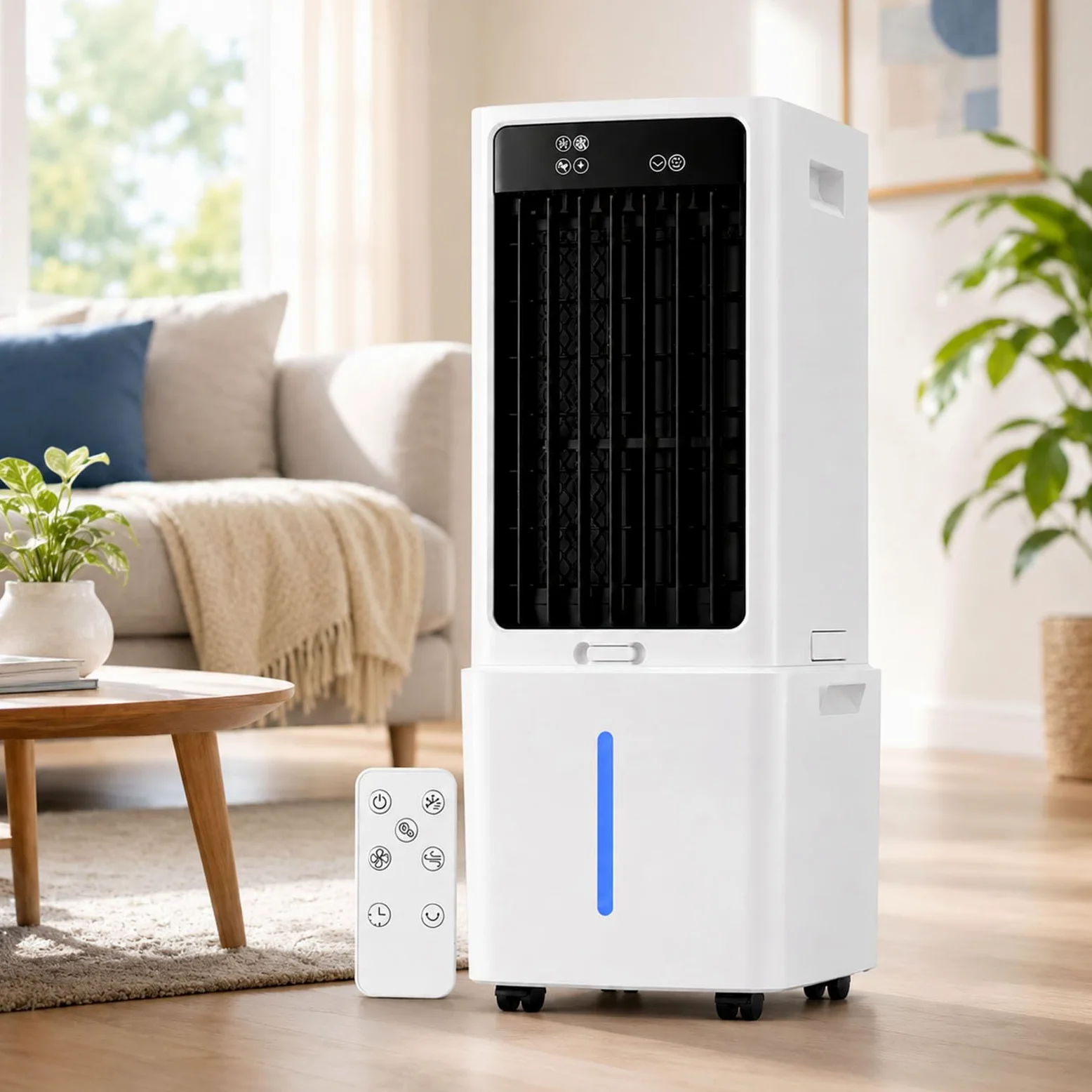 Rinfrescatore Evaporativo 12L, Ventilatore ad Acqua Portatile con Telecomando, Climatizzatore Silenzioso con 4 Panetti di Ghiaccio, Timer 12H, 3 Velocità, per Camera da Letto, Ufficio e Casa