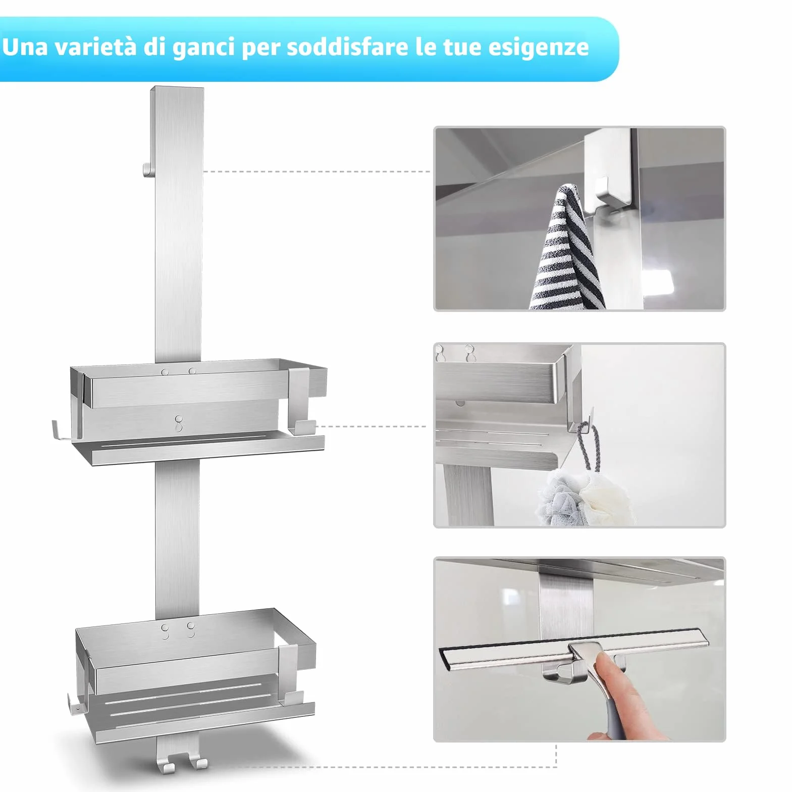 Mensola Doccia in SUS304 Acciaio Inox, Porta Bagnoschiuma da Appendere al Porte Doccia in Vetro, Argento (Doppio strato)