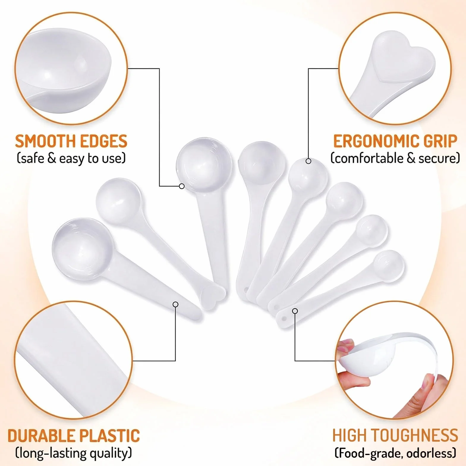 10 Pezzi Misurini Dosatori in Plastica, Kit Cucchiai Misuratori di Precisione da 0.5g, 1g, 2.5g, 3g, 5g, Ideali per Integratori, Polveri e Spezie,Bianco