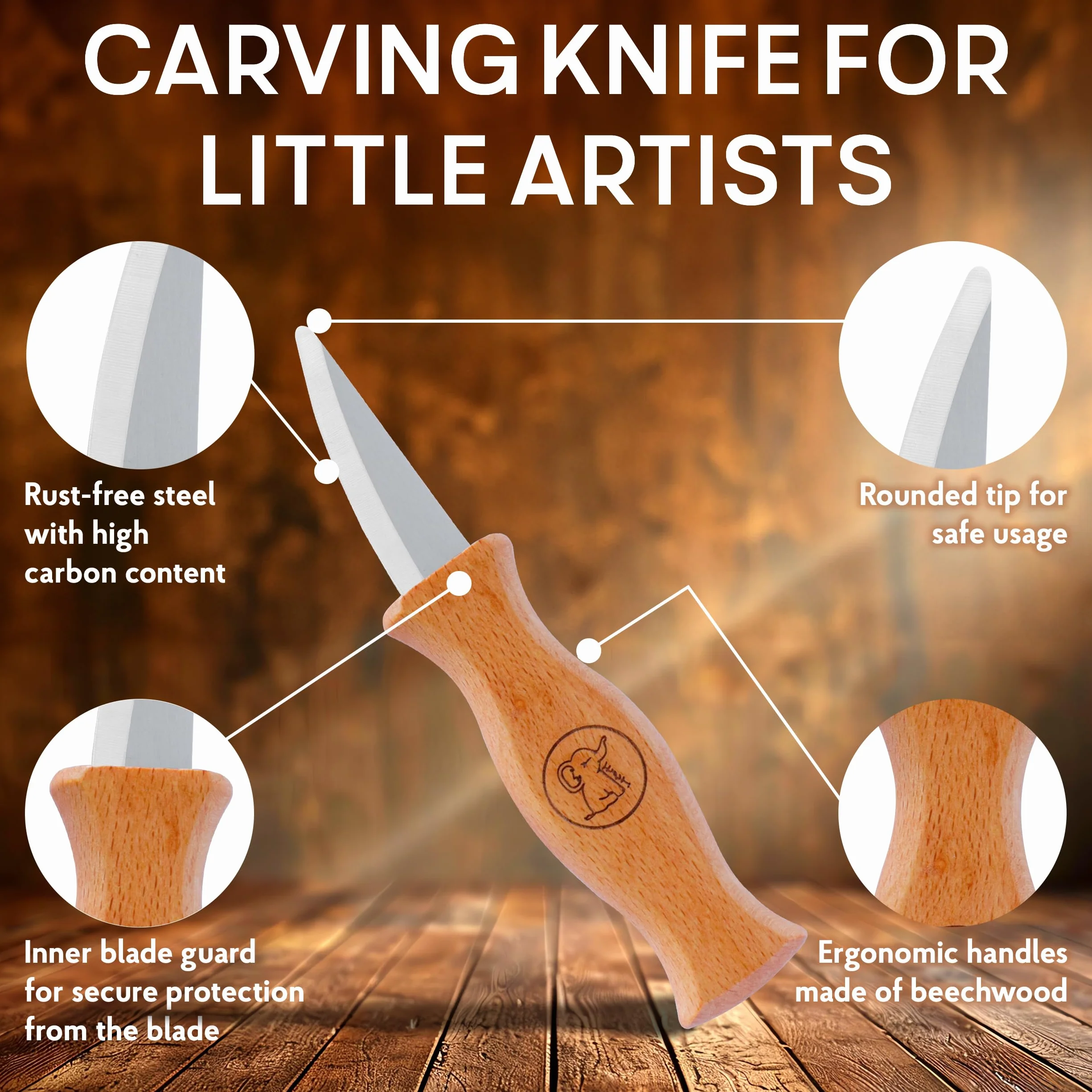 Eli®Set di coltelli da intaglio per bambini a partire da 6 anni, set di coltelli da intaglio per bambini di alta qualità da 8 pezzi, inclusi guanti, utensili da intaglio, legno di tiglio