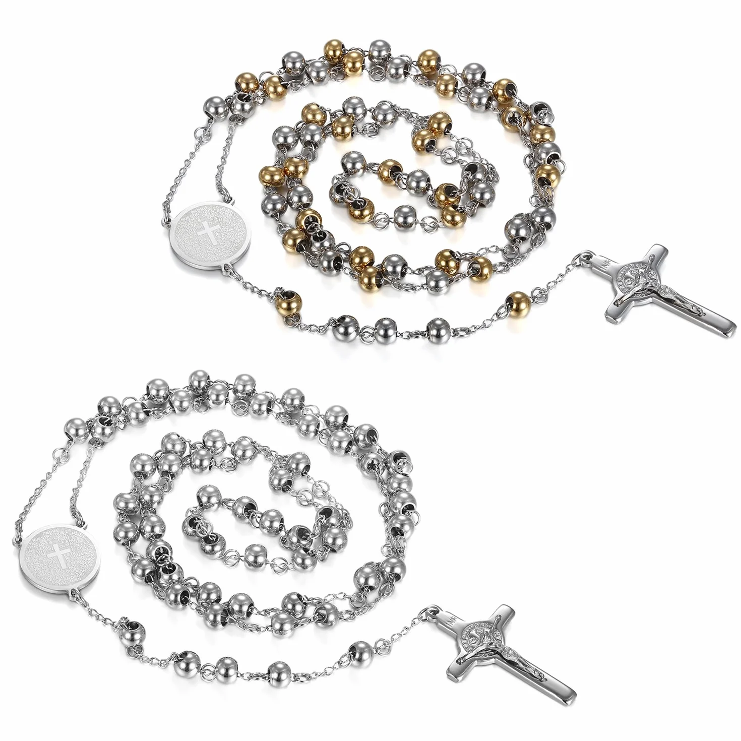 Collana Croce di Gesù in Acciaio Inox Argento e Oro 75 cm Vintage per Uomo e Donna