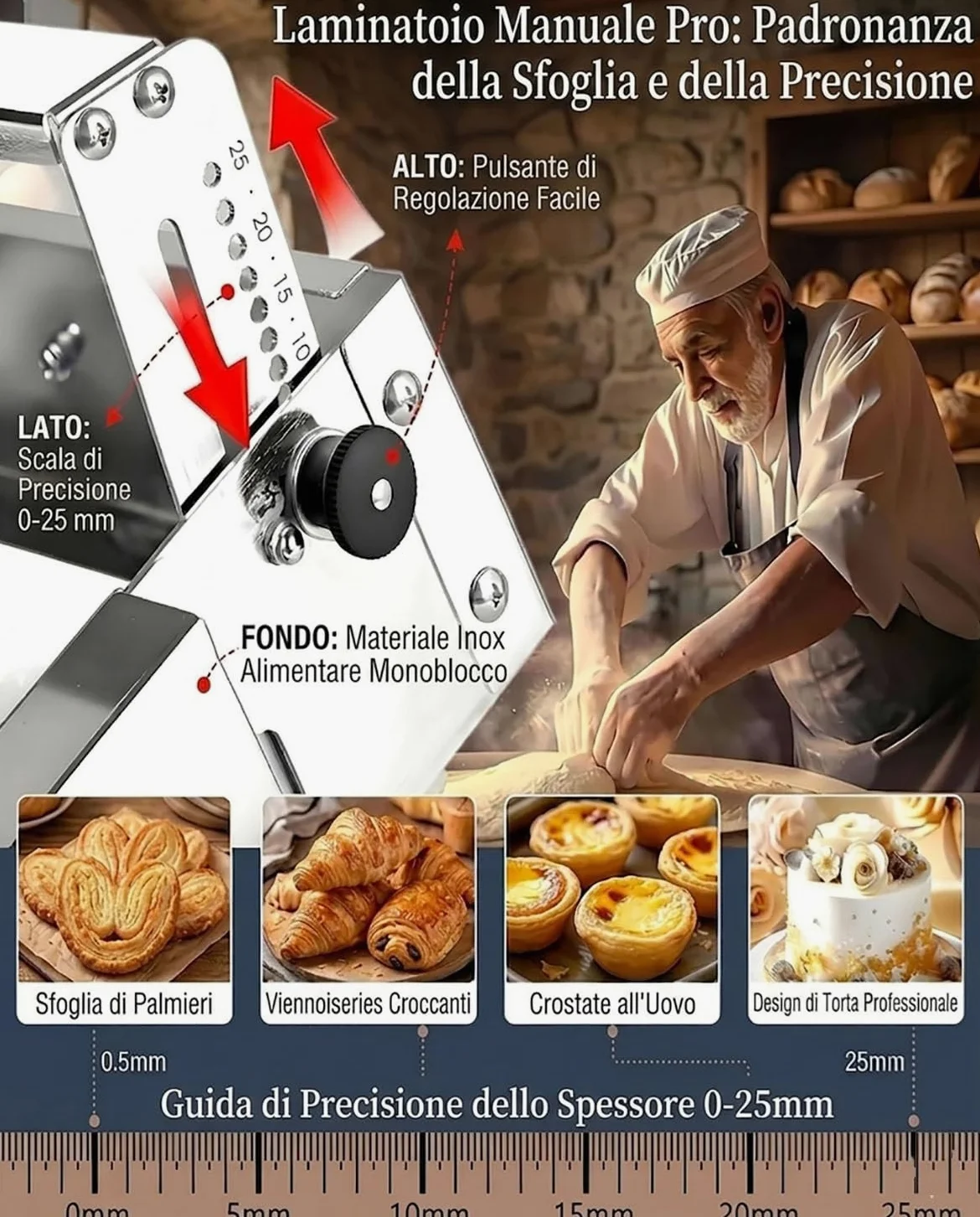 Sfogliatrice per Croissant, Macchina per Sfoglia Commerciale 40x90cm | Pieghevole, spessore regolabile 0-25mm, pannello antiaderente grande, per casa e commercio.