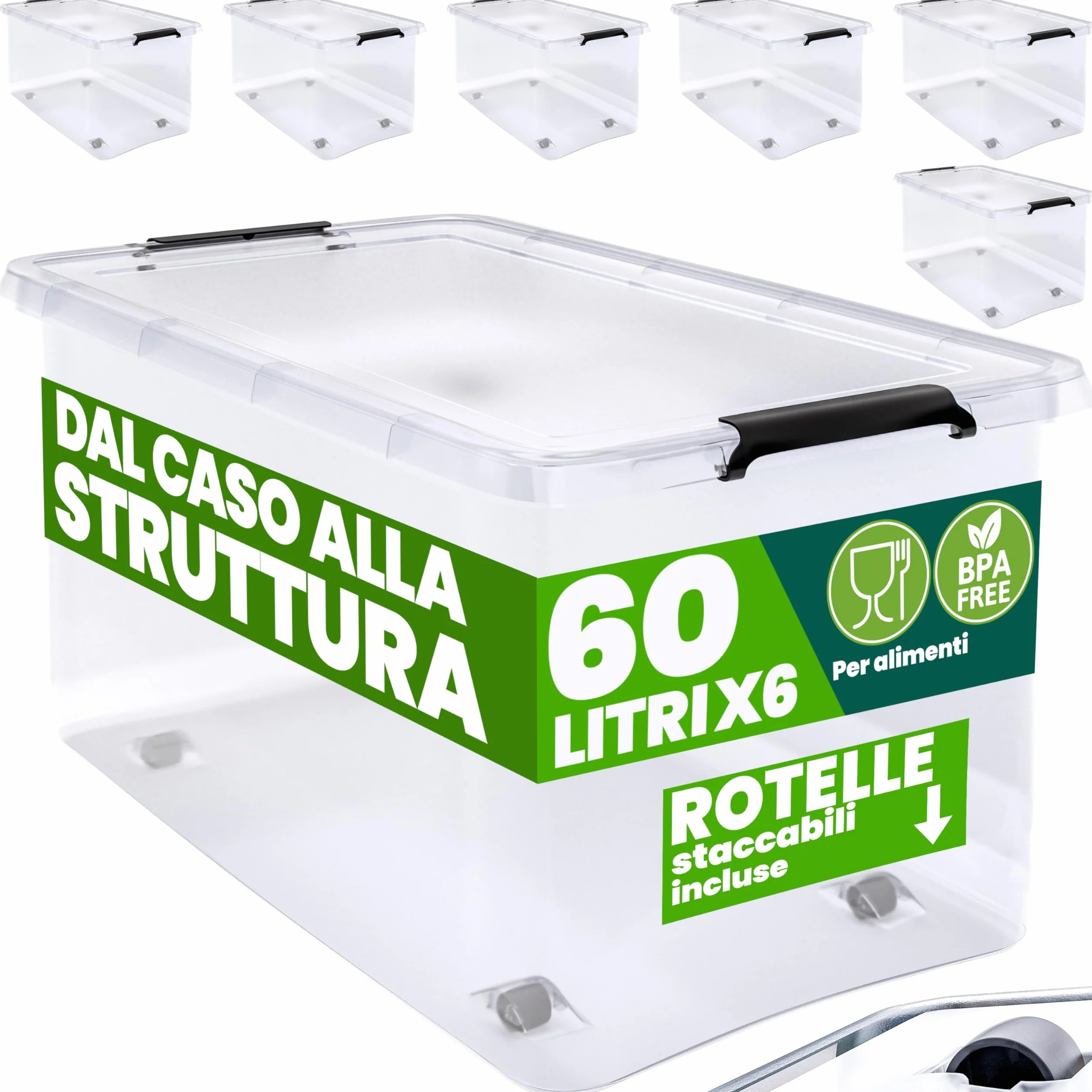 Deuba 6X 60L Scatole in Plastica Trasparente Contenitori con Coperchio Impilabili con Ruote