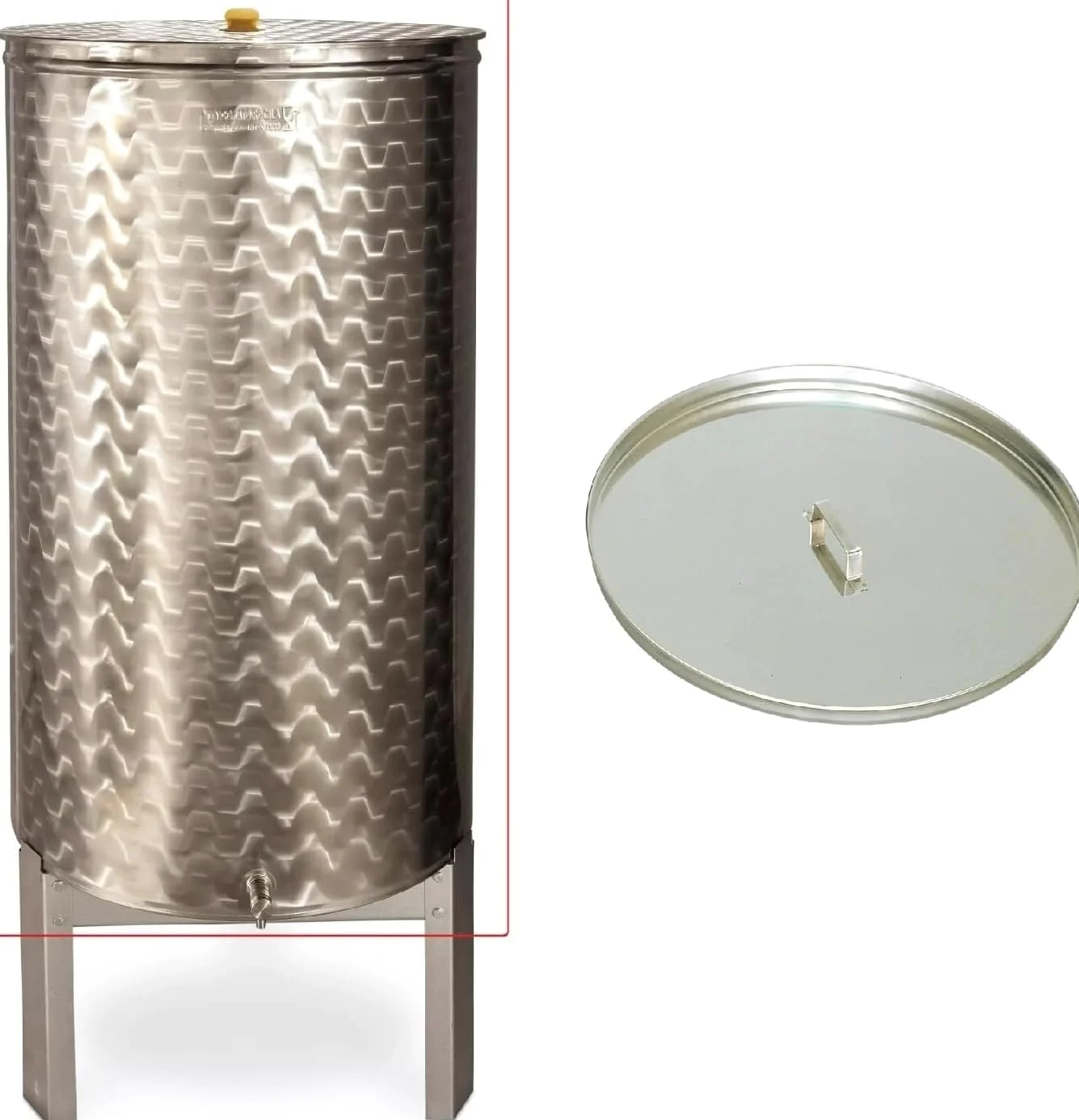 BOTTE, CONTENITORE INOX PER VINO, CON GALLEGGIANTE AD OLIO ENOLOGICO,DA LT 200 COMPRESO DI COPERCHIO PARAPOLVERE INOX,GALEGGIANTE AD OLIO,RUBINETTO INOX E PIEDISTALLO IN ACCIAIO ZINCATO MADE IN ITALY