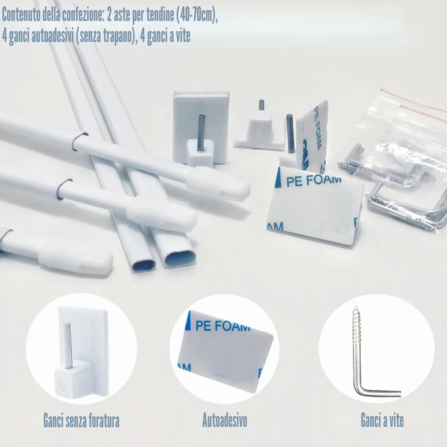 Bacchette per Tende a Vetro 40-70CM Bianco Aste Estensibili Senza Forare 2 Pezzi