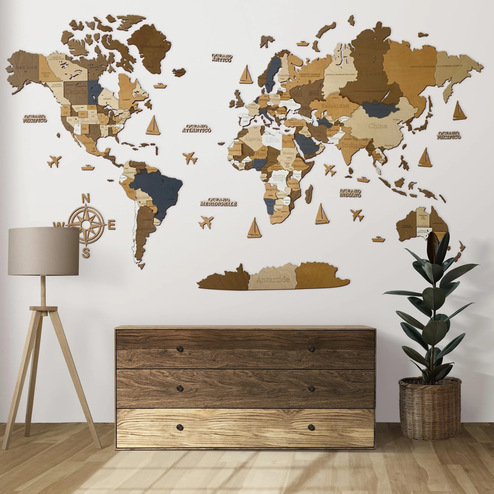 WoodLeo Mappamondo in legno (in italiano) - Decorazione murale in 3D - Dimensioni della mappa (M, L, XL) Idea regalo per ogni occasione - Arte da parete per la casa