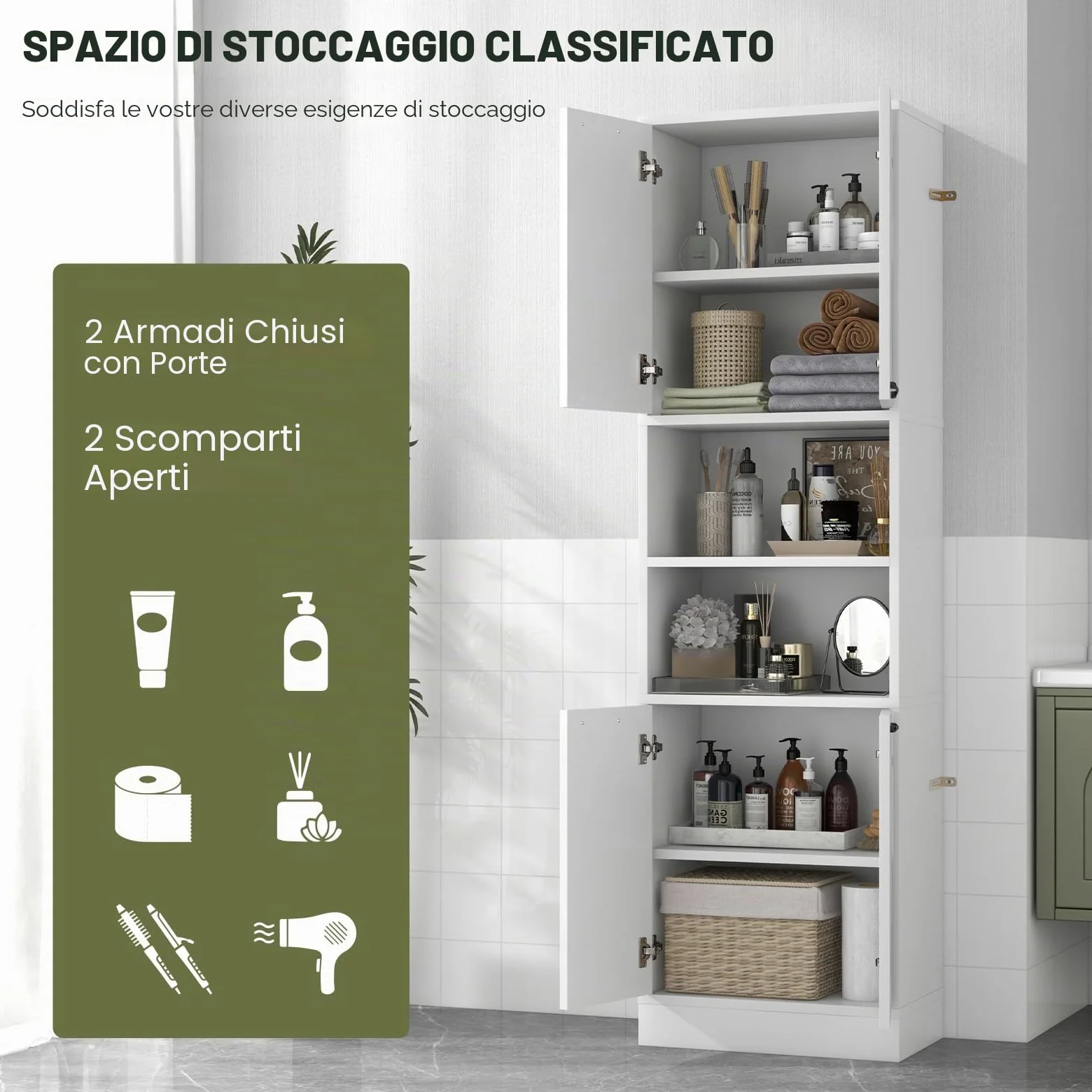 GIANTEX Credenza da Cucina Alta 190 cm con 4 Ante, 2 Scomparti Aperti e 6 Ripiani, 4 Kit Antiribaltamento, Armadio Portaoggetti per Cucina e Bagno
