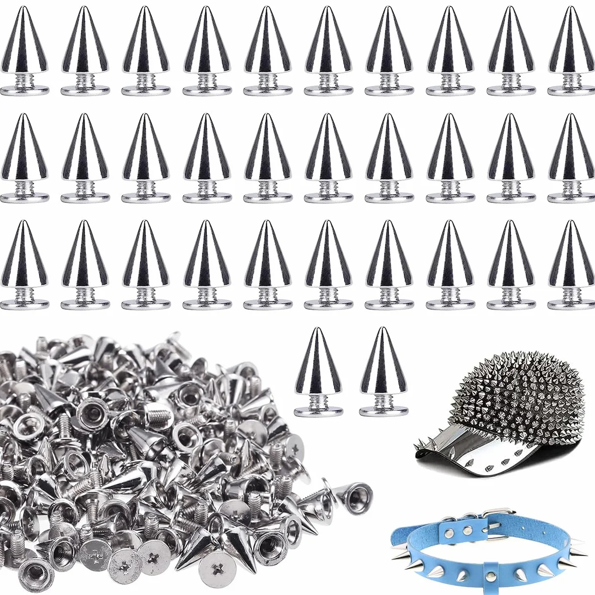 100 Pezzi Rivetti Punk, 7 x 10 mm Conico Borchie Decorative Argento per Vestiti, Borchie a Vite Punta, Rivetti Pelle Punk in Metallo con Vite per Cuoio, Borse, Scarpe, Jeans, Cintura