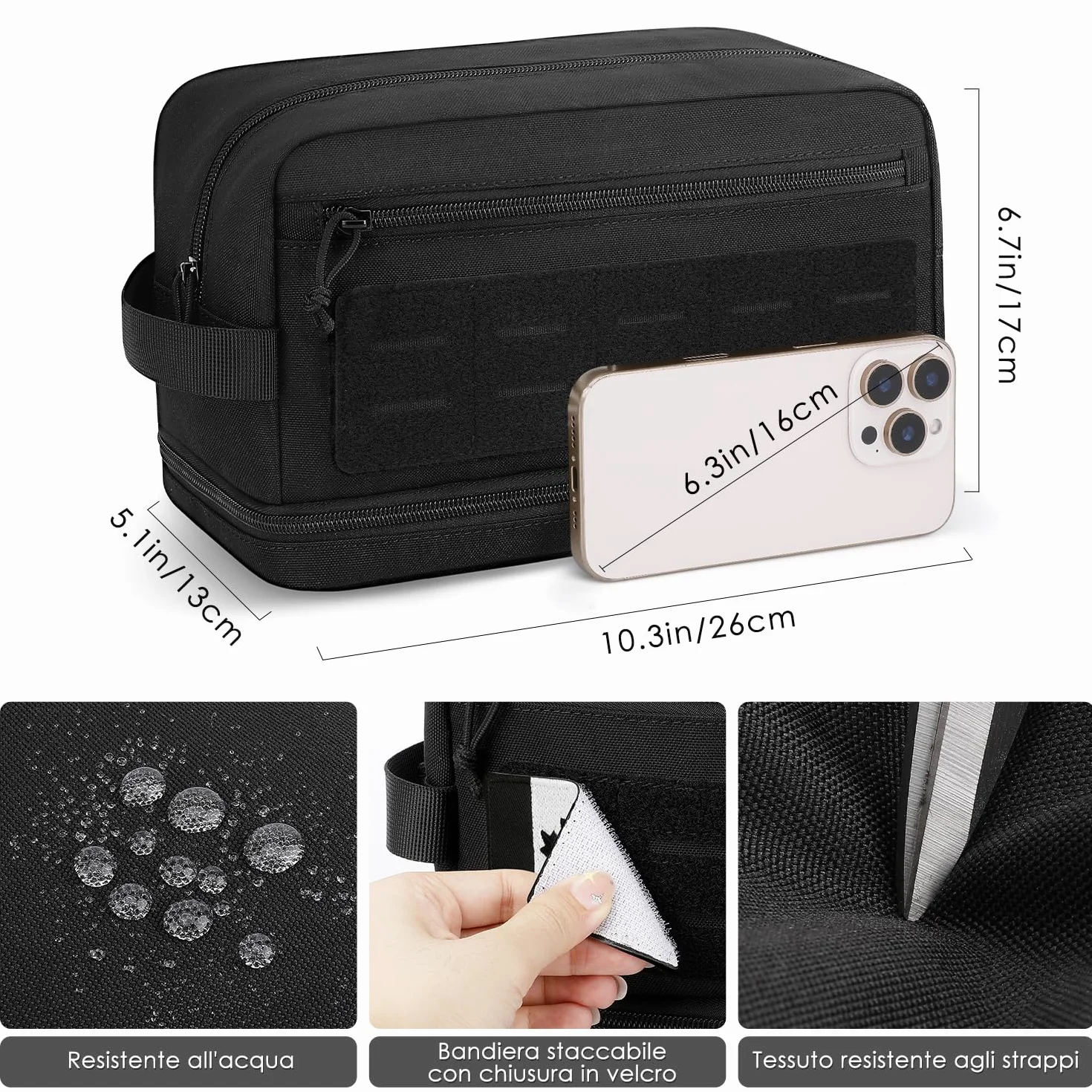 ETRONIK Beauty Case Uomo,Tactico Beauty Case da Viaggio con MOLLE, Impermeabile Borsa Toilette con Tasca Bagnata per Doccia e Palestra,Kit da Barba Appendibile per Toeletta, Nero
