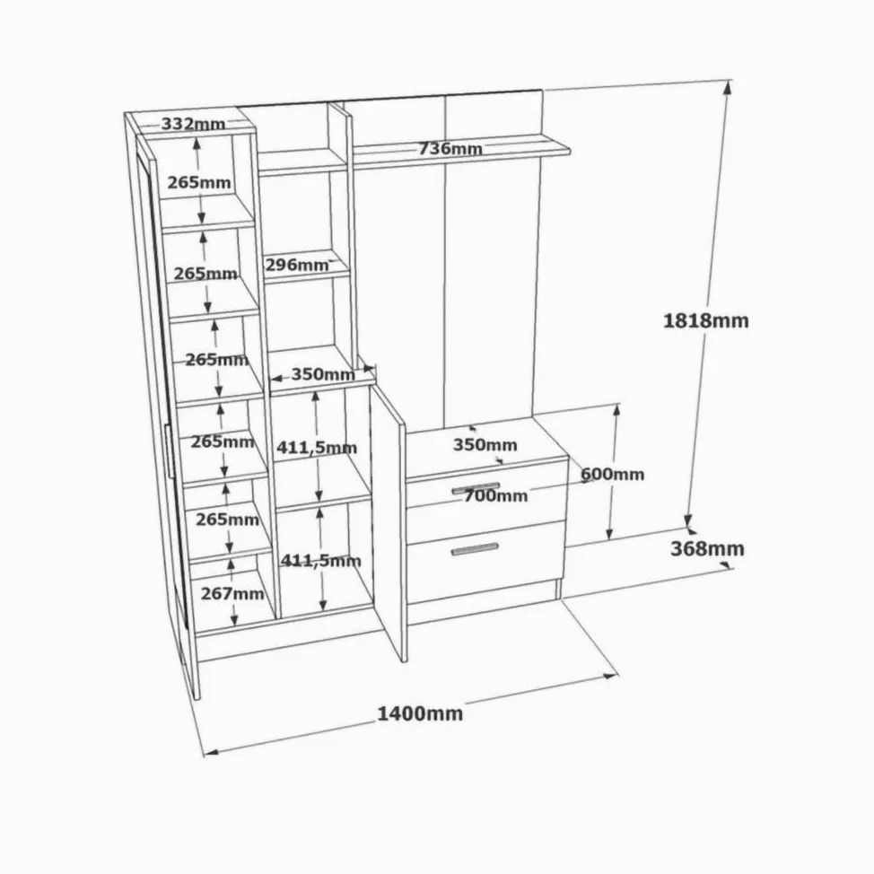 Dmora Mobile da Ingresso Homam, Entratina Appendiabiti, Composizione per atrio, Consolle portaoggetti Multifunzione, 140x37h182 cm, Quercia e Bianco