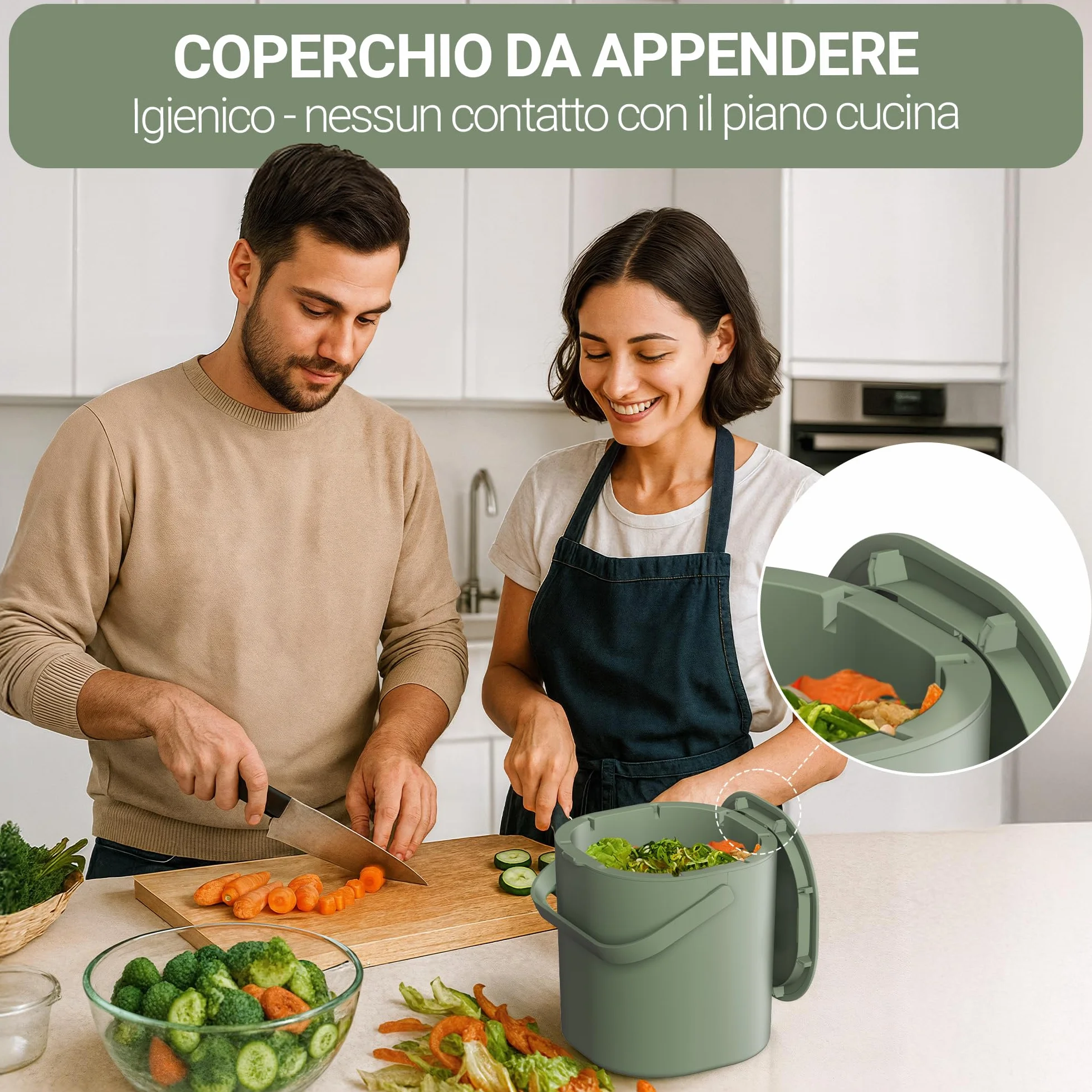 PTMS® Bidone Umido 6L – Cestino Umido coperchio da appendere e setaccio interno – Pattumiera Umido Cucina lavabile in lavastoviglie, compatta e funzionale – Disponibile in 5 colori