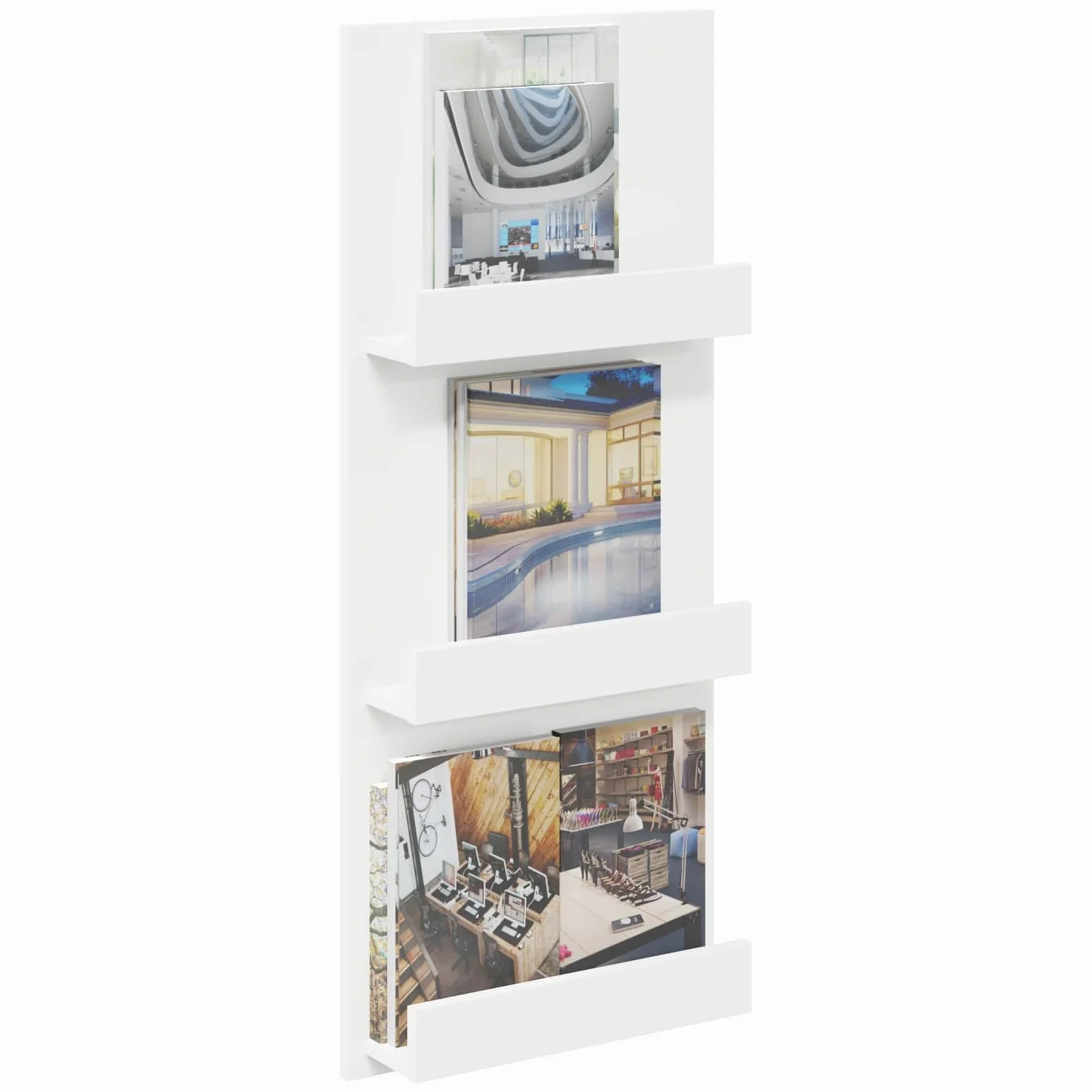Scaffale portariviste con mensola bianca, 43 x 11 x 102 cm, in legno, portariviste, portariviste, organizer per soggiorno, ufficio