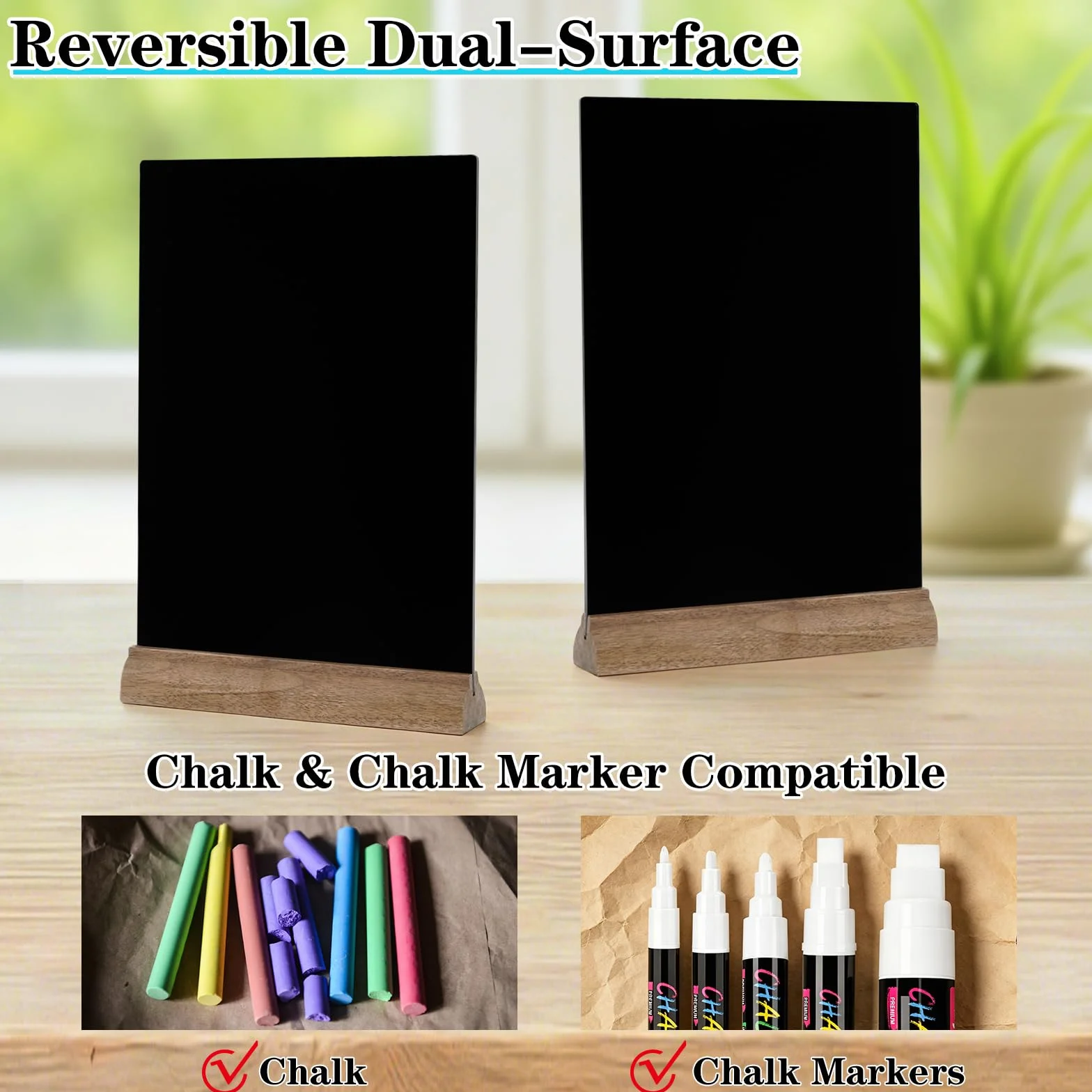 4 Pezzi A4 Lavagna Doppia Faccia Acrilico con Supporto Legno, Lavagna Nera Porta Menu A4 Bancone Ristorante, 3mm Compatibile Gesso Liquido e Standard per Caffè Trattoria Osteria Bar Negozio