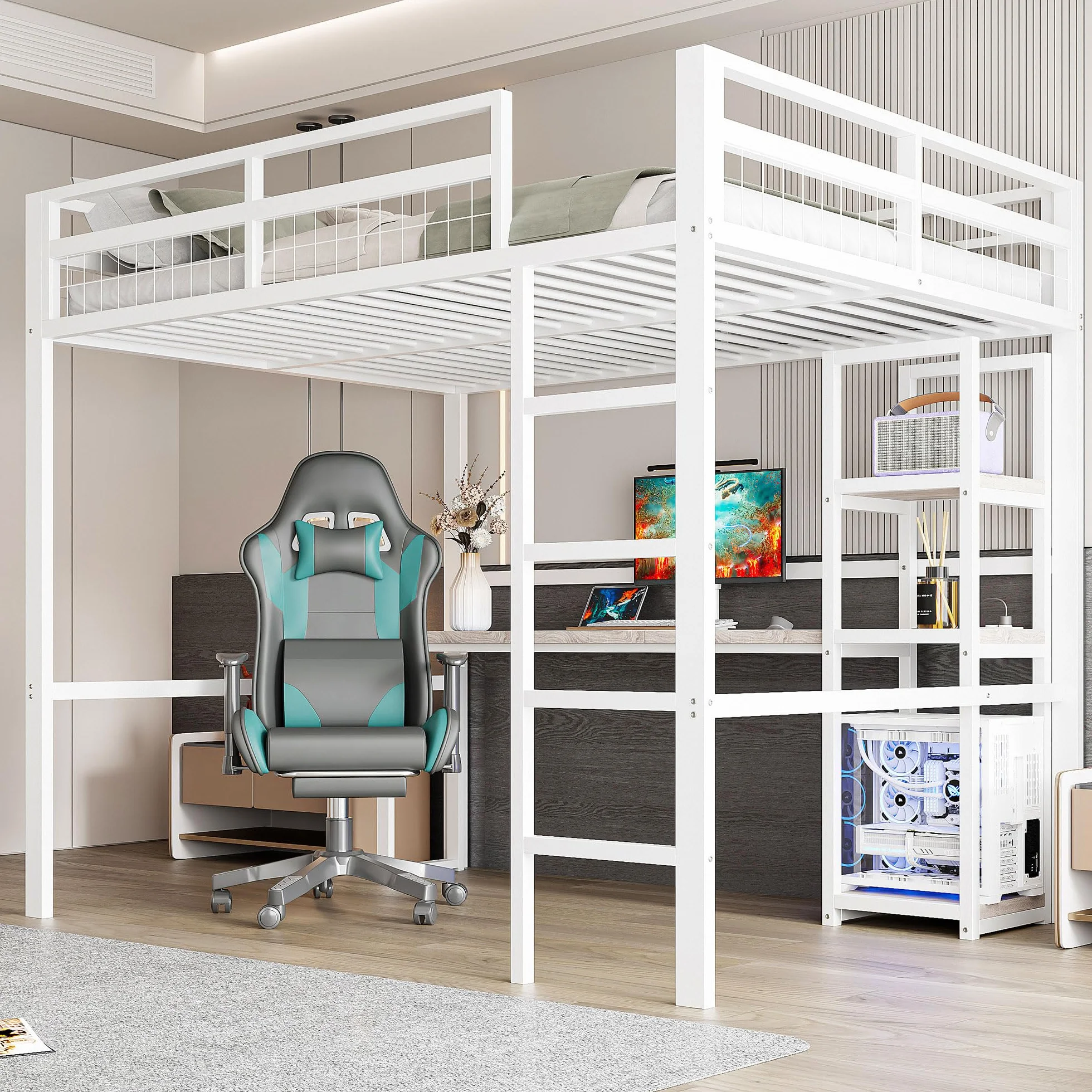 Letto a soppalco in metallo, 140 x 200 cm, scrivania con presa e scaffale, con ricarica USB + Type-c, per bambini, ragazzi e adulti, letto a castello, senza materasso (bianco)